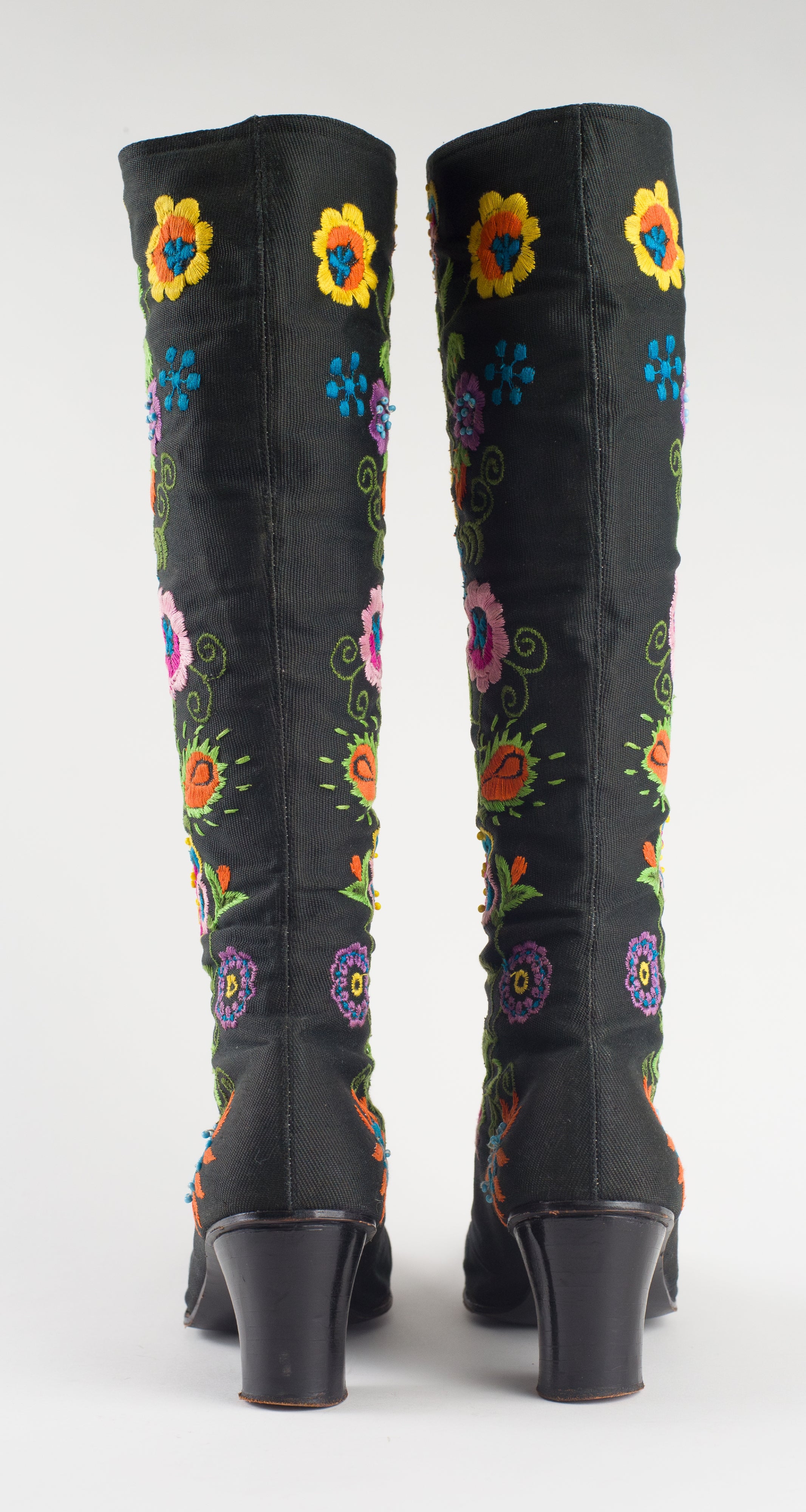 1970s Floral Embroidered Black Canvas Lace-Up Boots