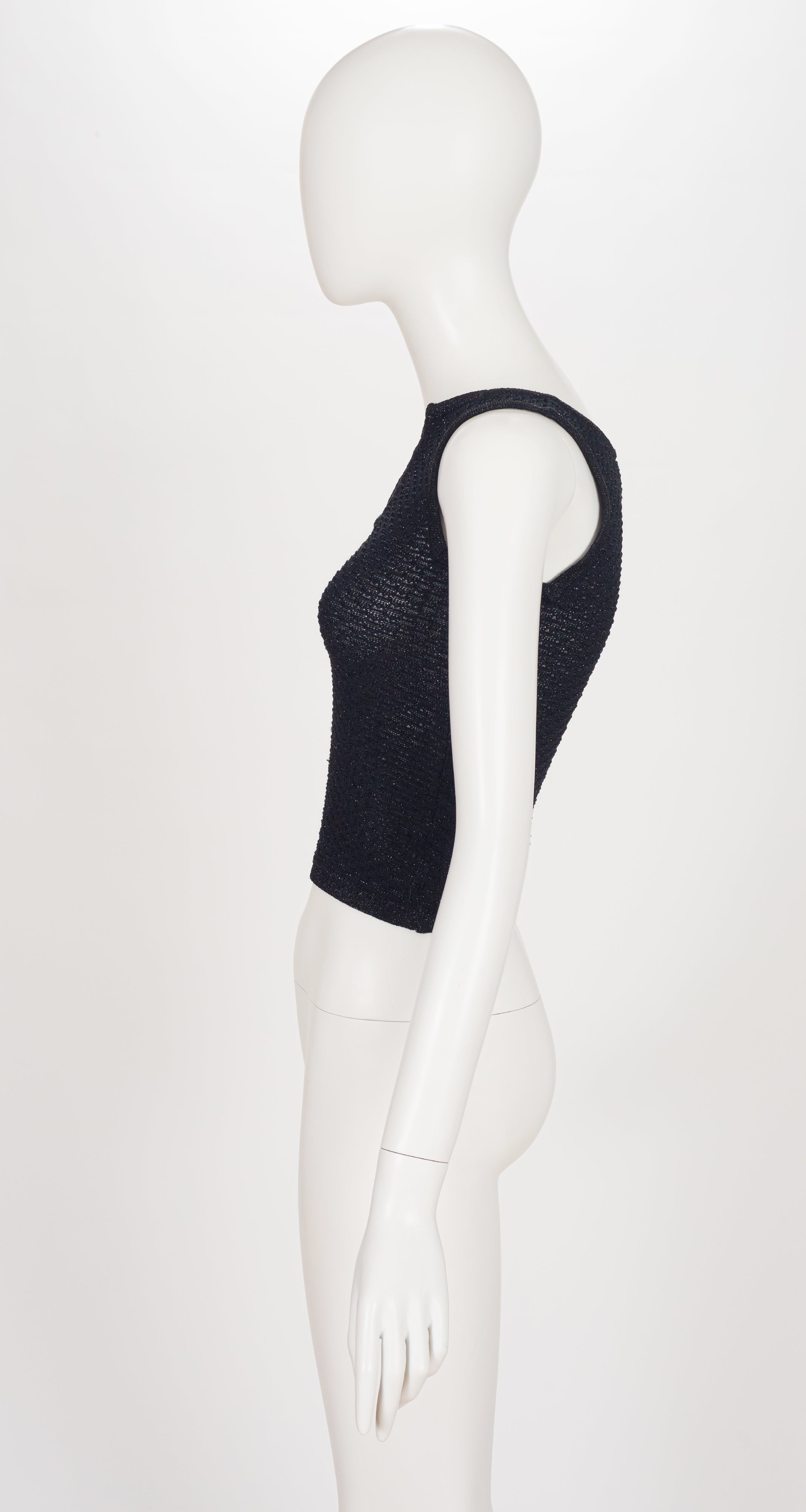 1970s Logo Lurex Black Knit Sleeveless Top