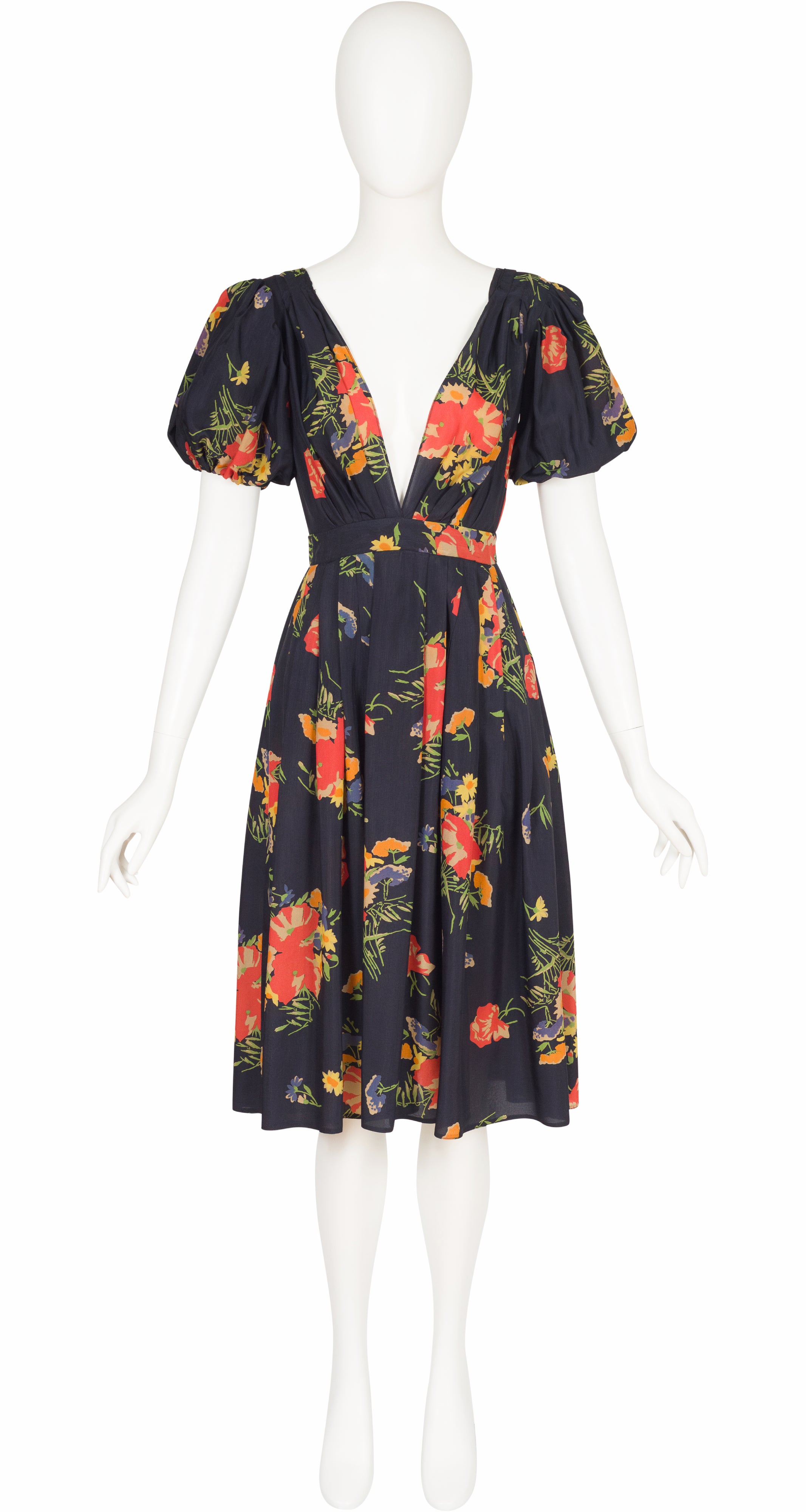 1974 S/S Floral Black Plunge Neck Puff Sleeve Dress