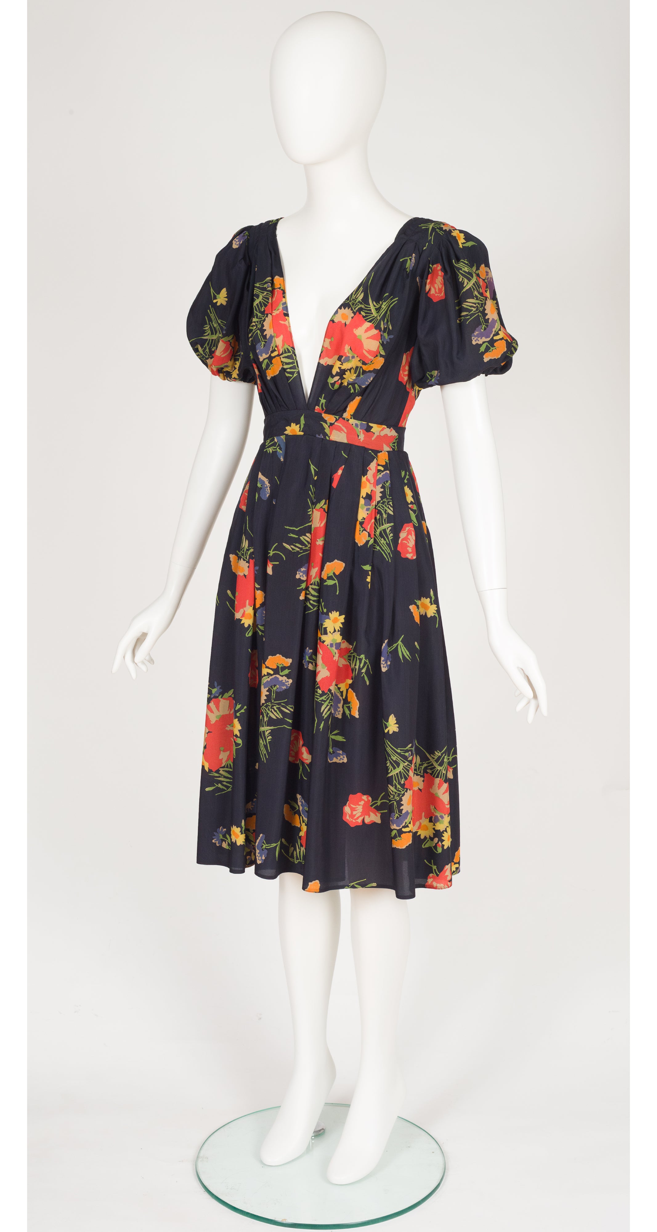 1974 S/S Floral Black Plunge Neck Puff Sleeve Dress