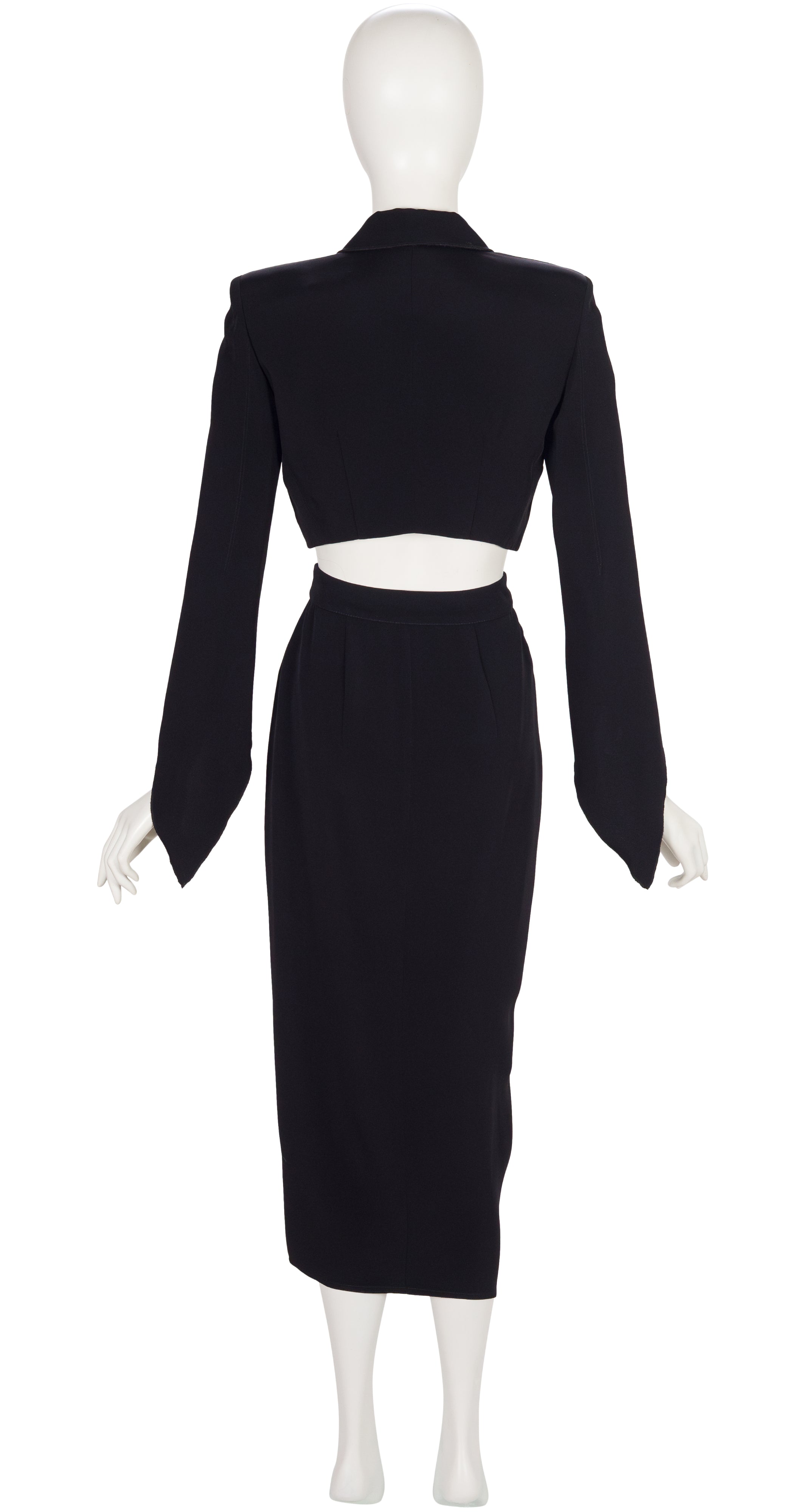 1990s Black Faille Cropped Jacket & Draped Skirt Set