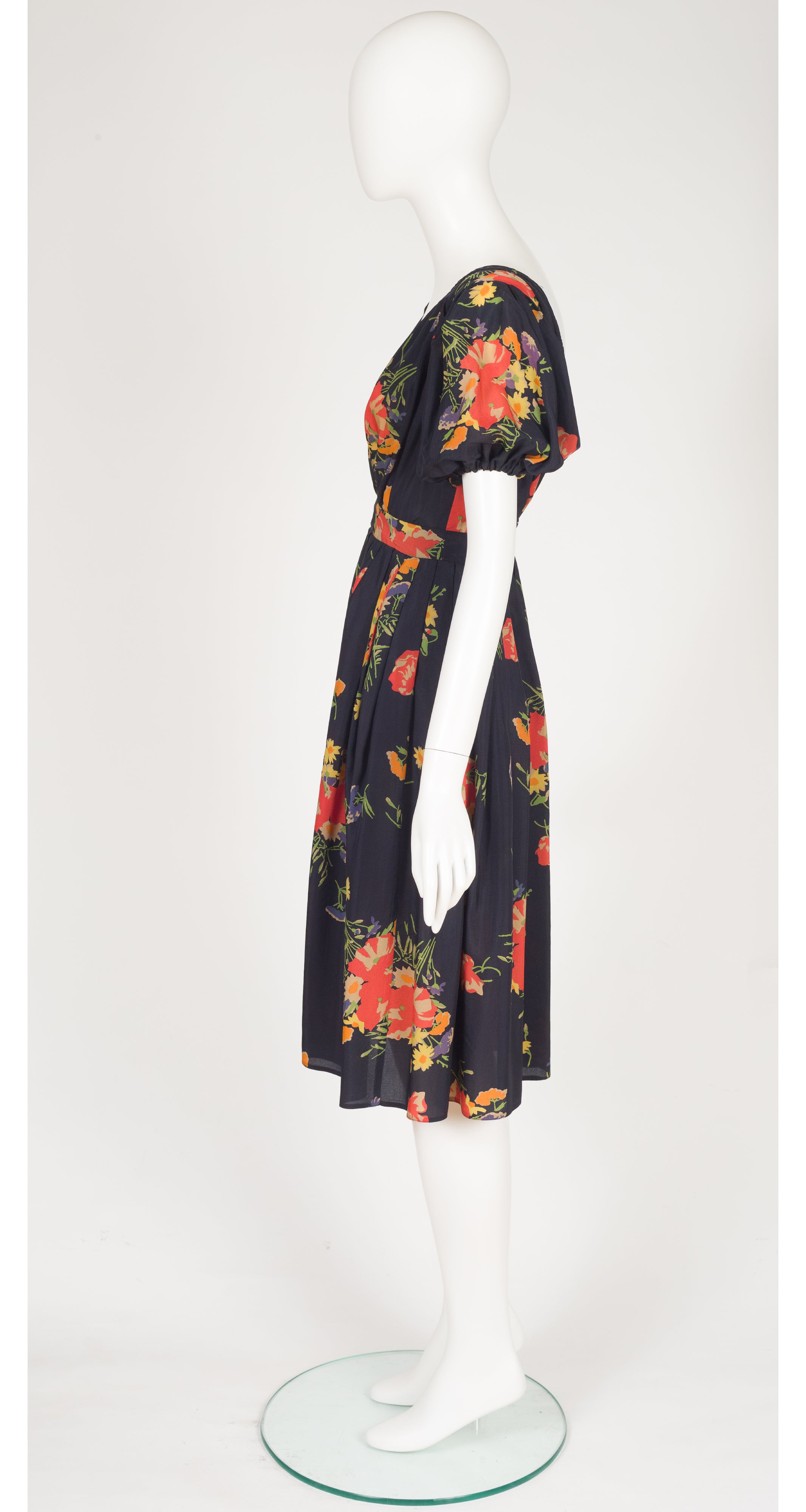 1974 S/S Floral Black Plunge Neck Puff Sleeve Dress