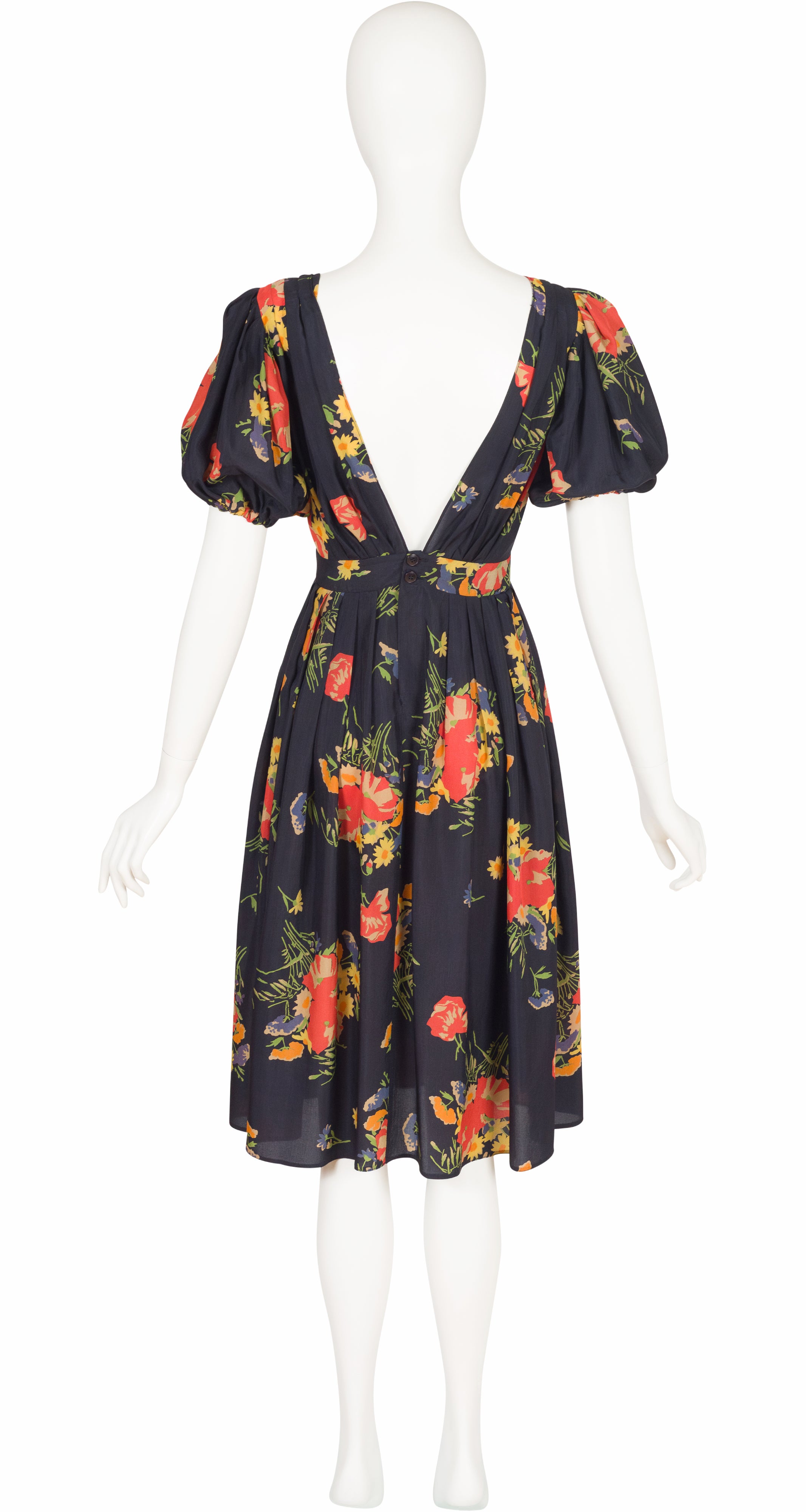 1974 S/S Floral Black Plunge Neck Puff Sleeve Dress