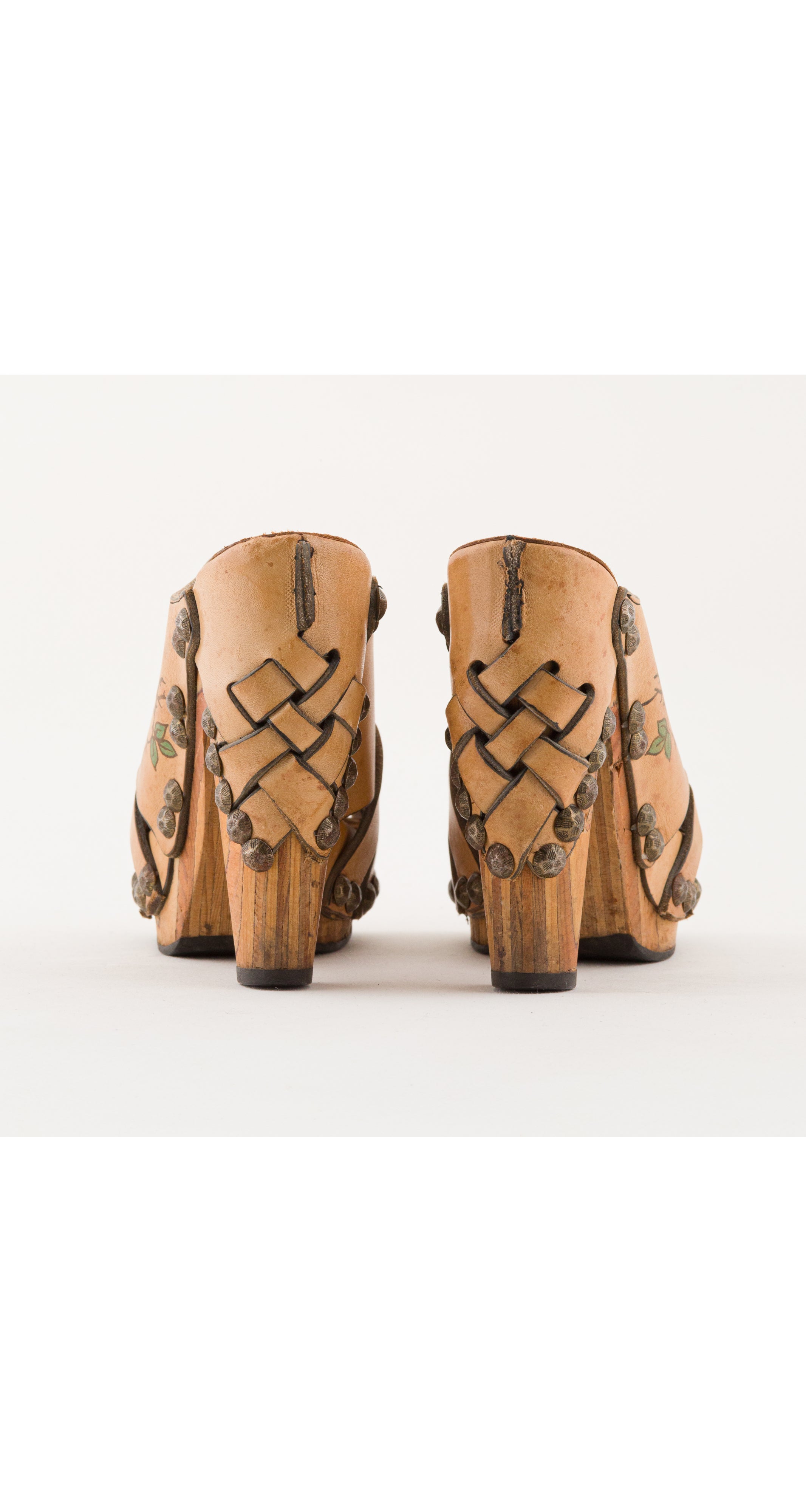 1970s Floral Studded Leather Wooden Platform Clogs