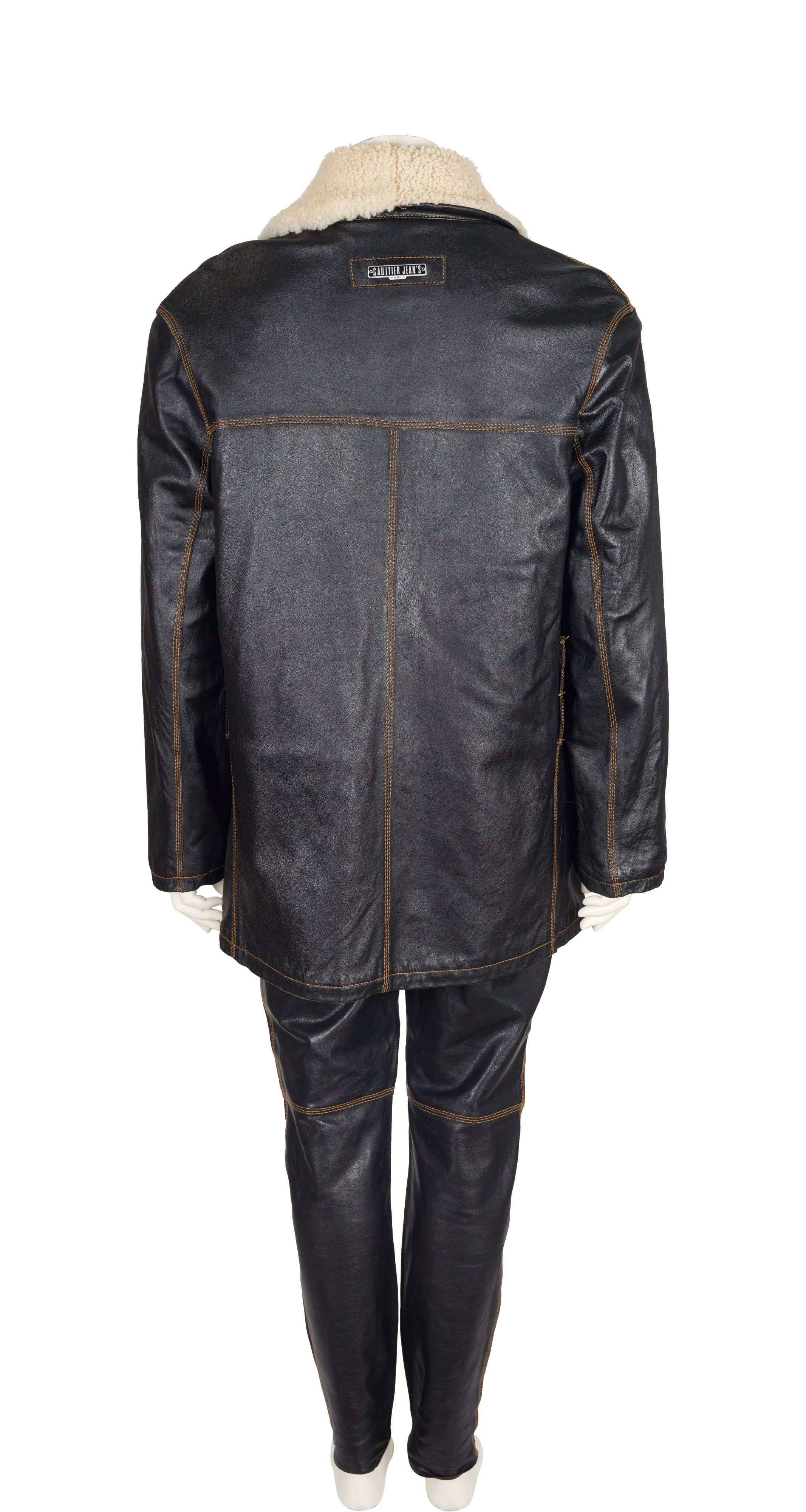 1990s Men's Black Leather Sheepskin Jacket & Pant Set