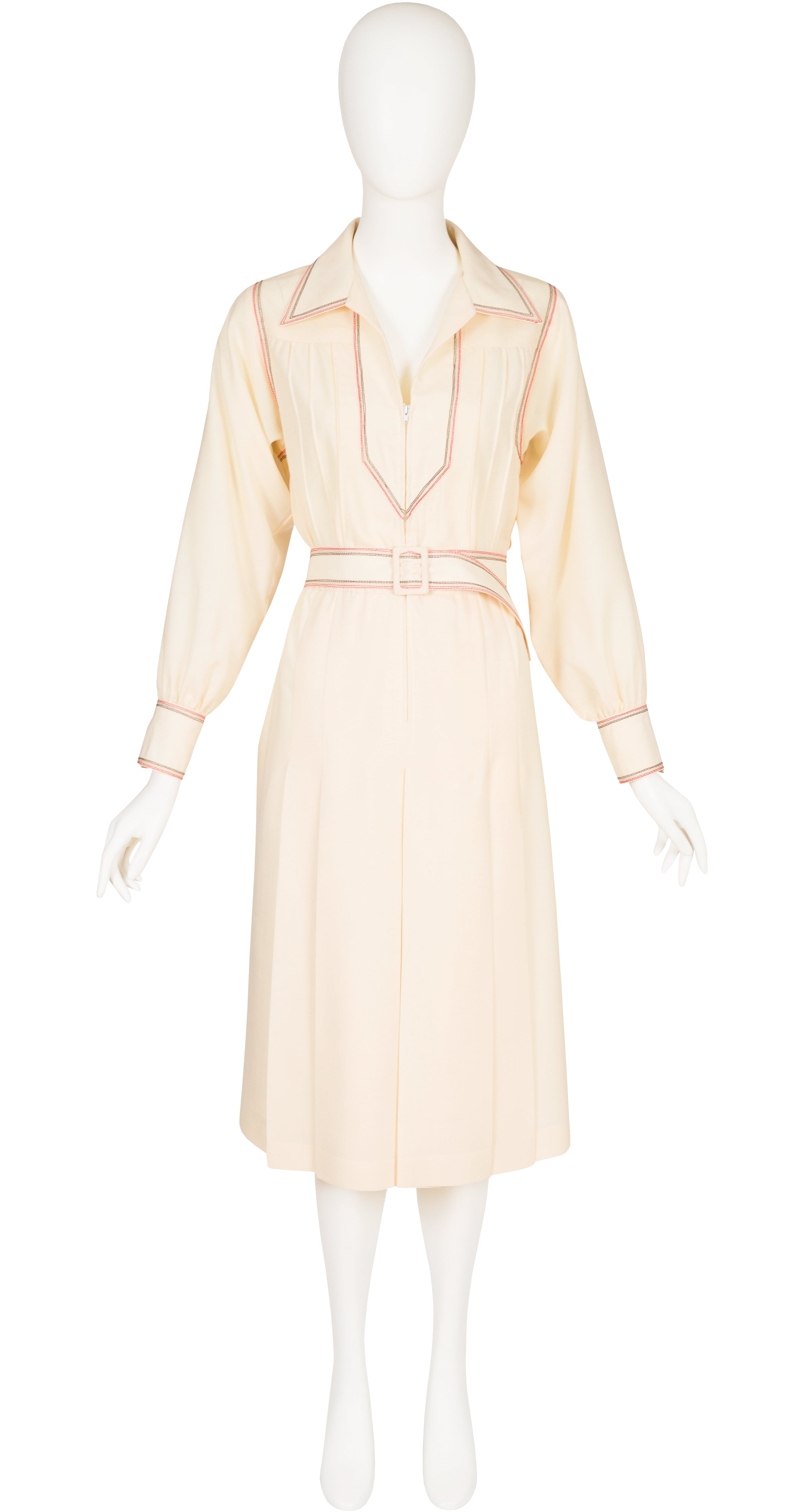 1976-77 F/W Contrast Stitch Cream Wool Collared Dress