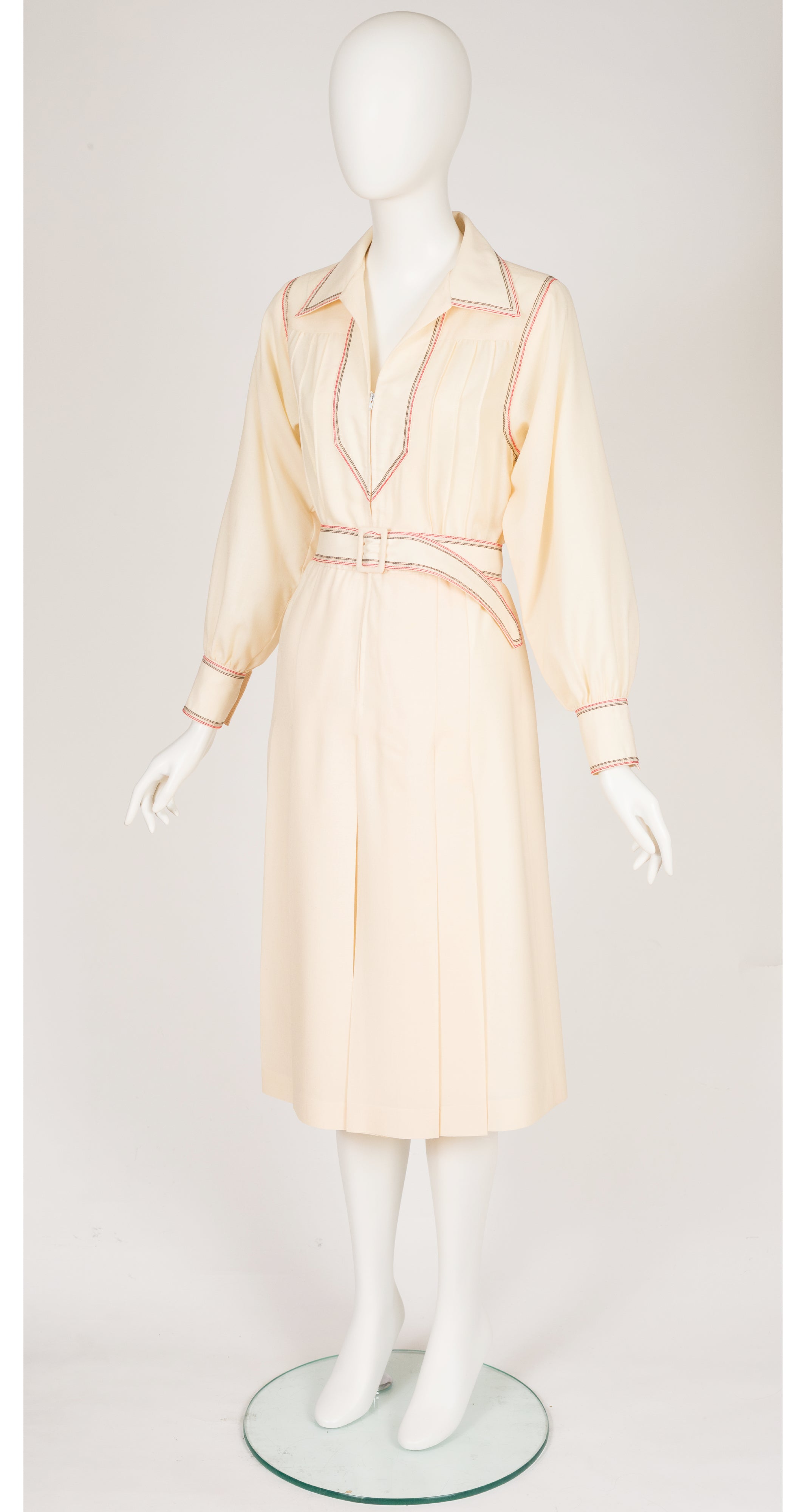 1976-77 F/W Contrast Stitch Cream Wool Collared Dress