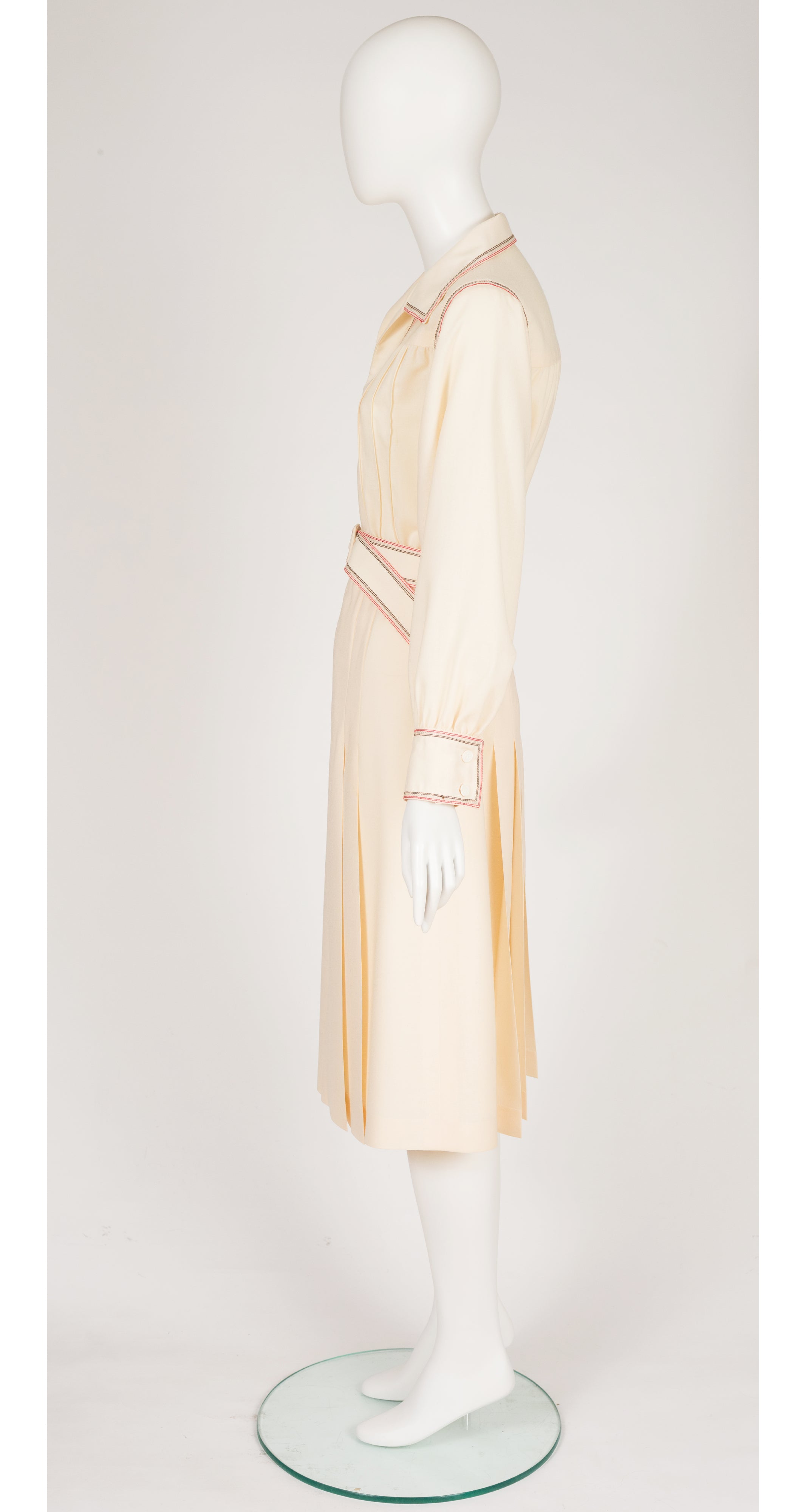 1976-77 F/W Contrast Stitch Cream Wool Collared Dress
