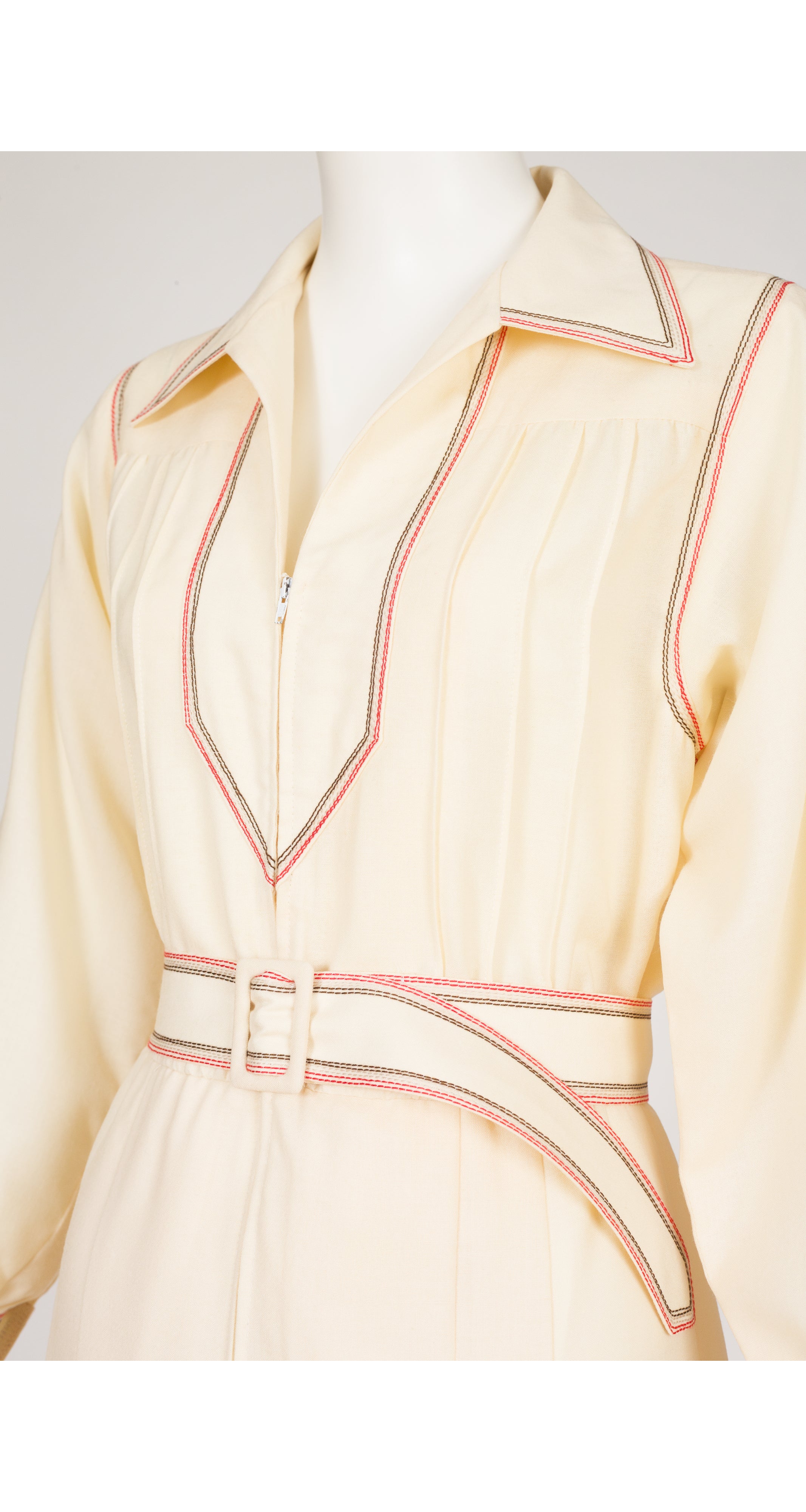 1976-77 F/W Contrast Stitch Cream Wool Collared Dress