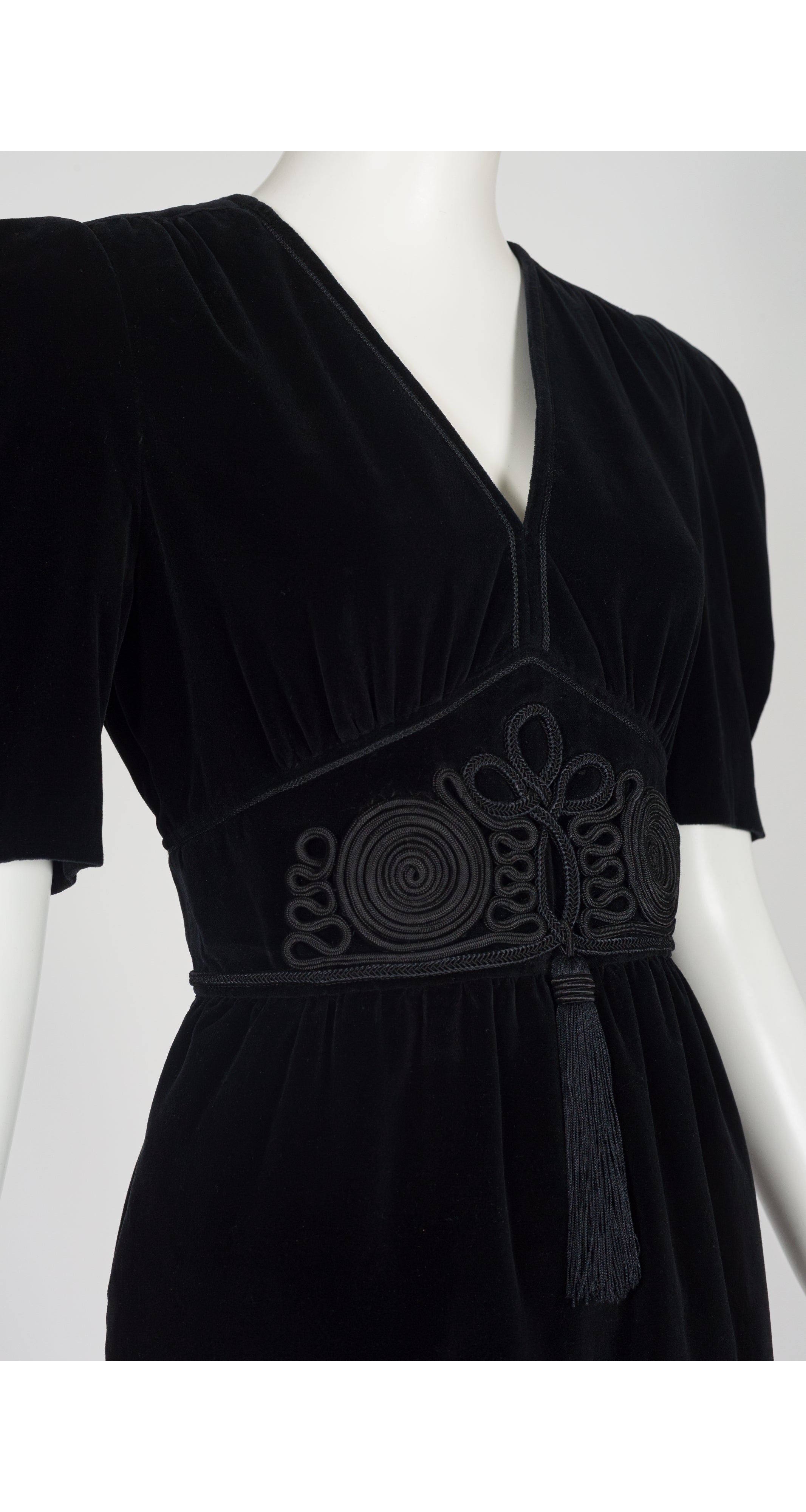 1980s Black Velvet Soutache Puff Sleeve Dress