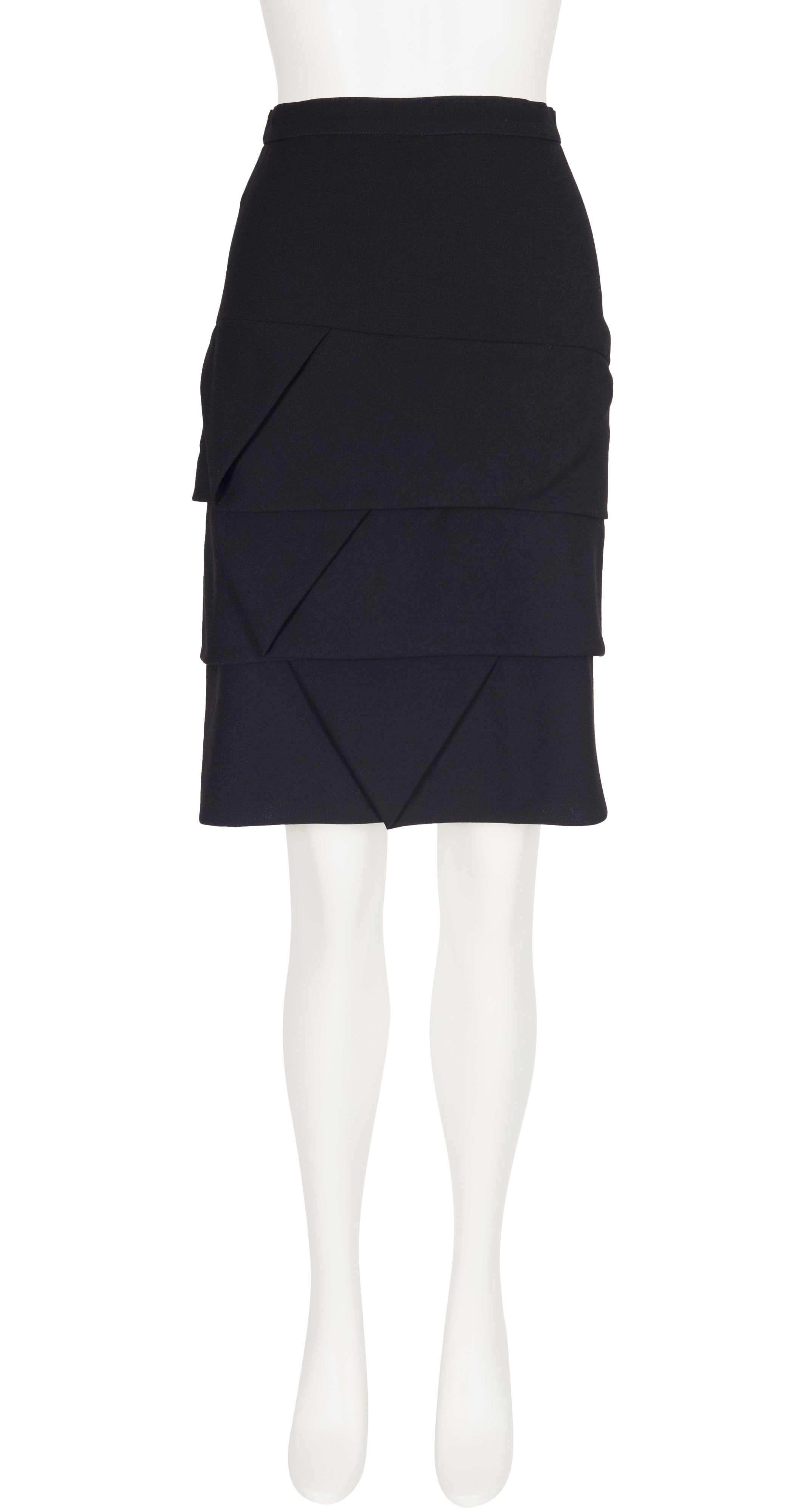 1990s Black Wool Crepe Tiered Origami Pencil Skirt