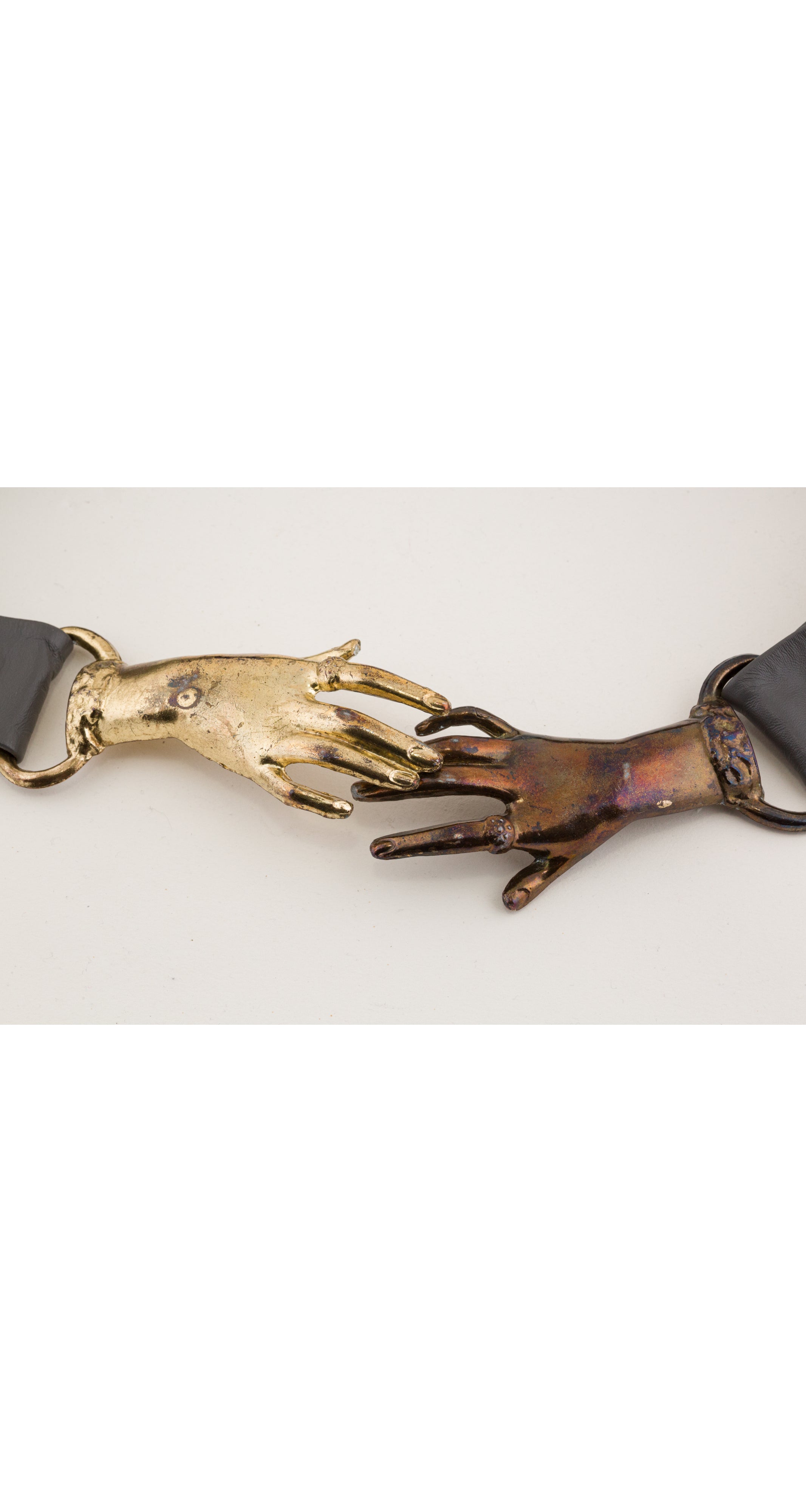 1970s Victorian Revival Clasping Hands Leather Belt