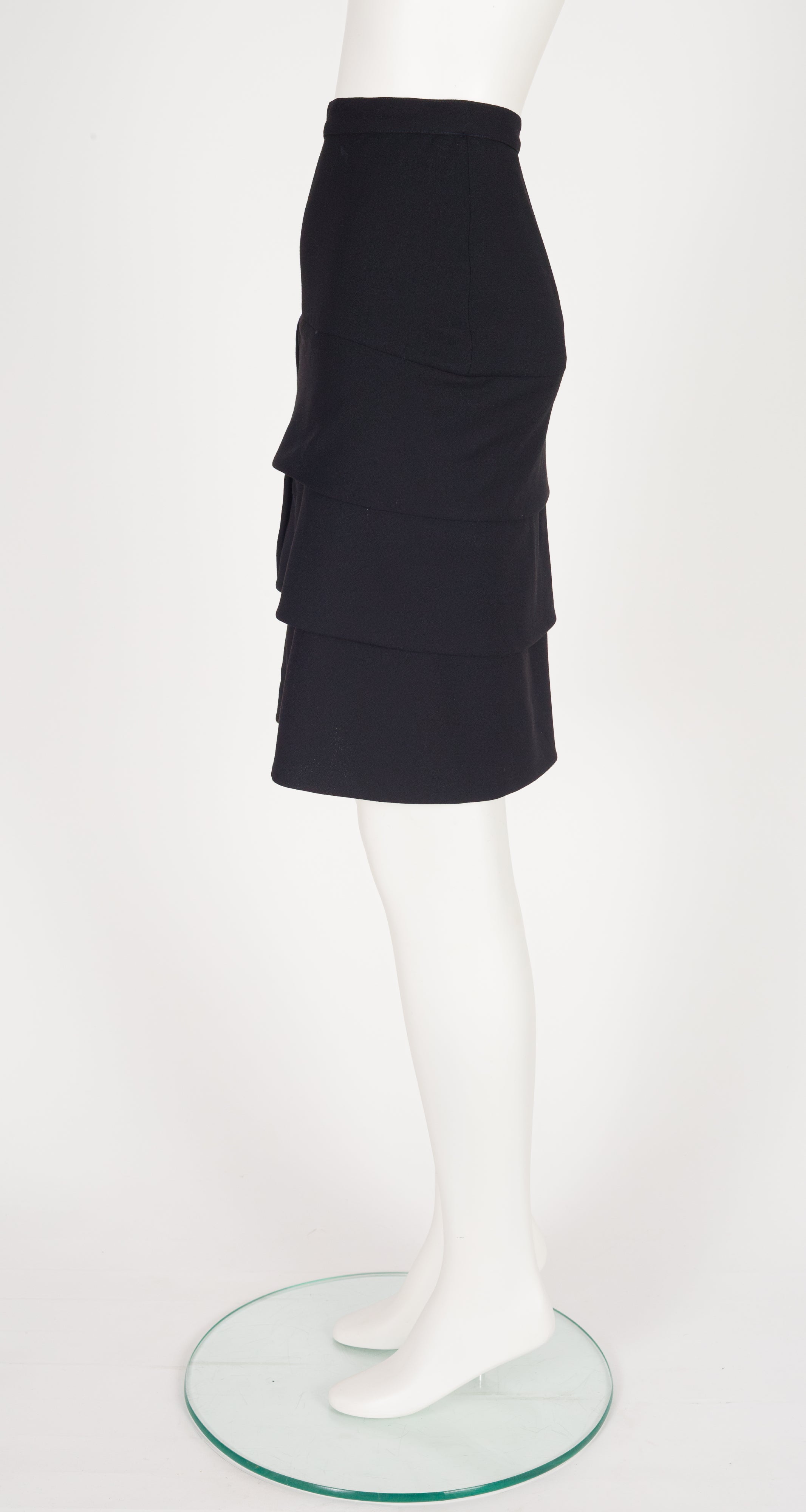 1990s Black Wool Crepe Tiered Origami Pencil Skirt