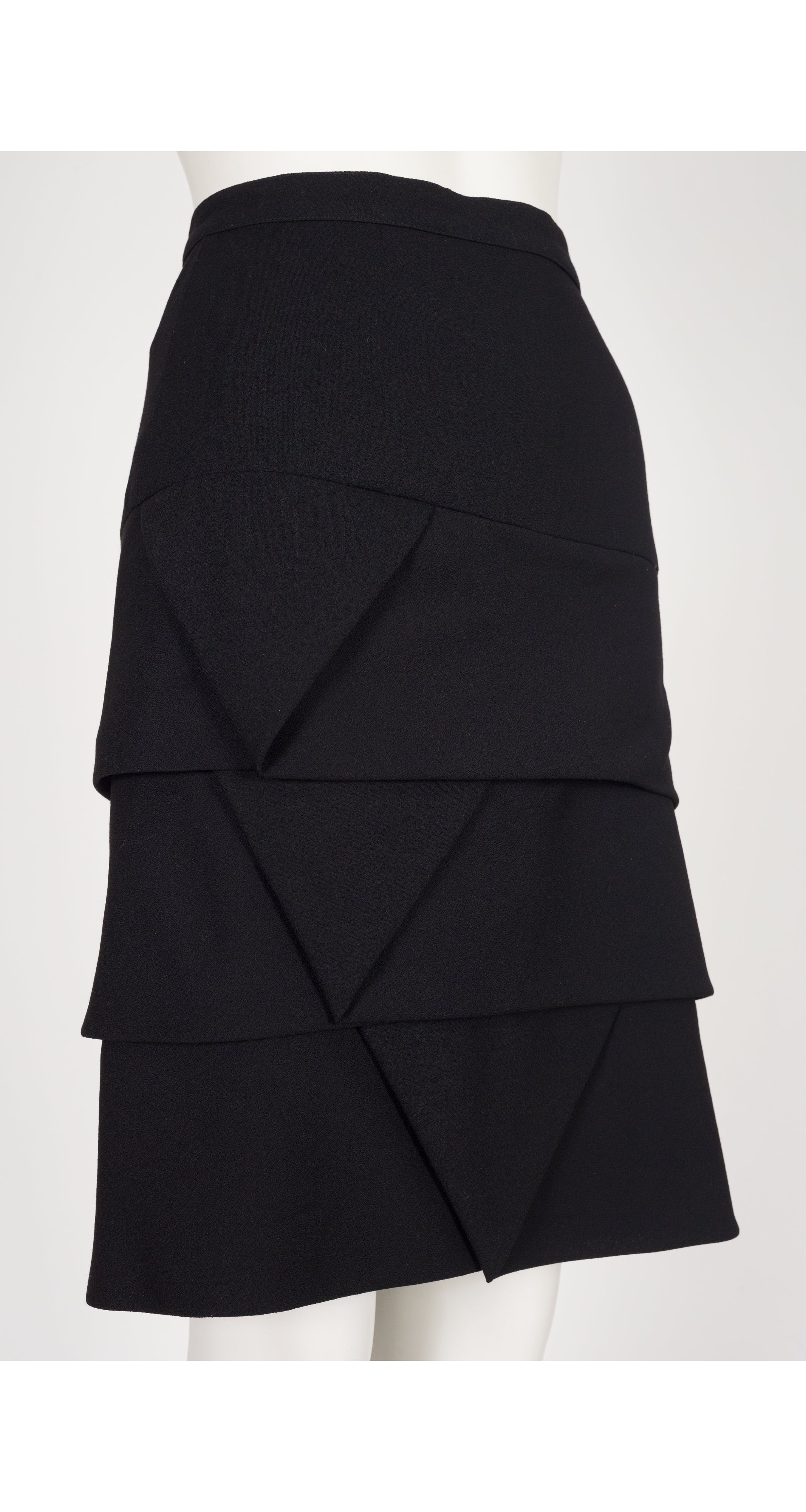 1990s Black Wool Crepe Tiered Origami Pencil Skirt