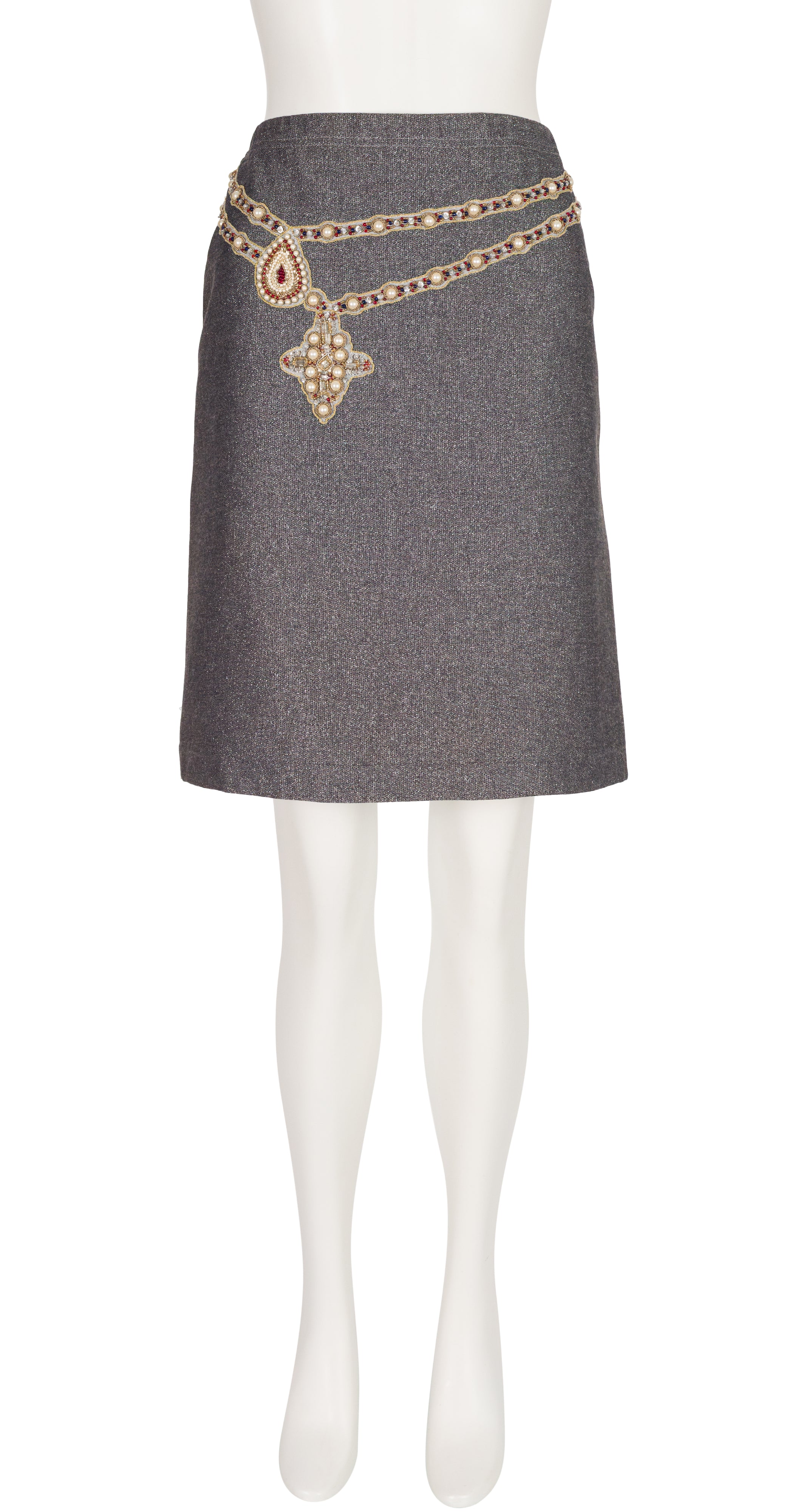 2000s Gripoix Trompe L'Oeil Silver Cotton Skirt