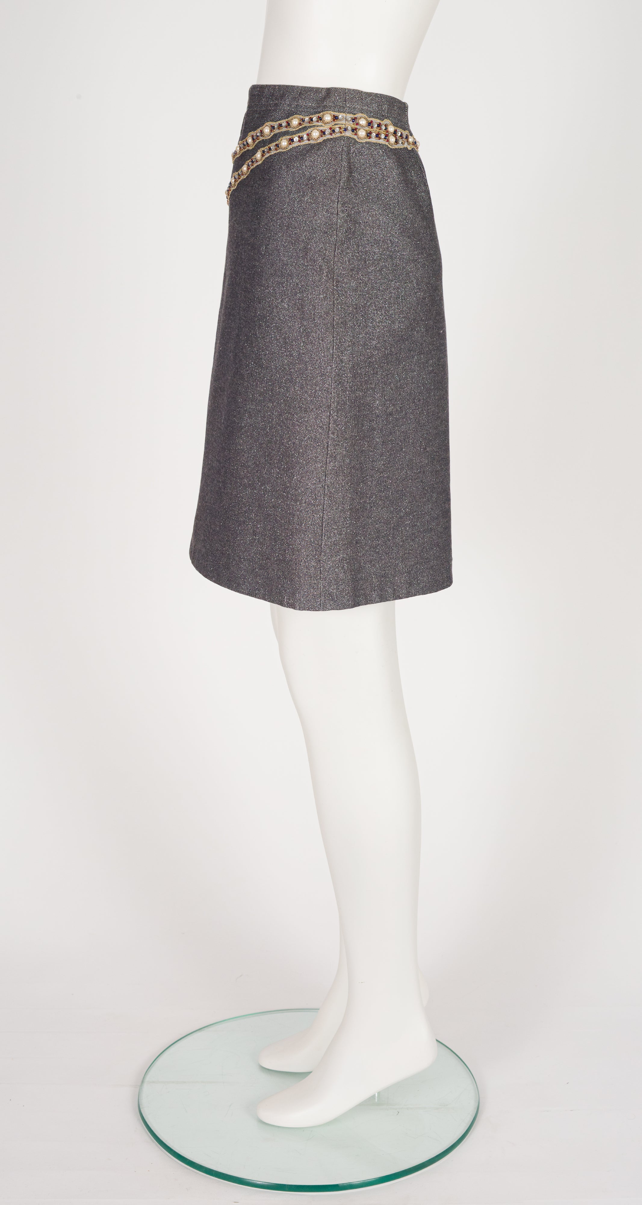 2000s Gripoix Trompe L'Oeil Silver Cotton Skirt
