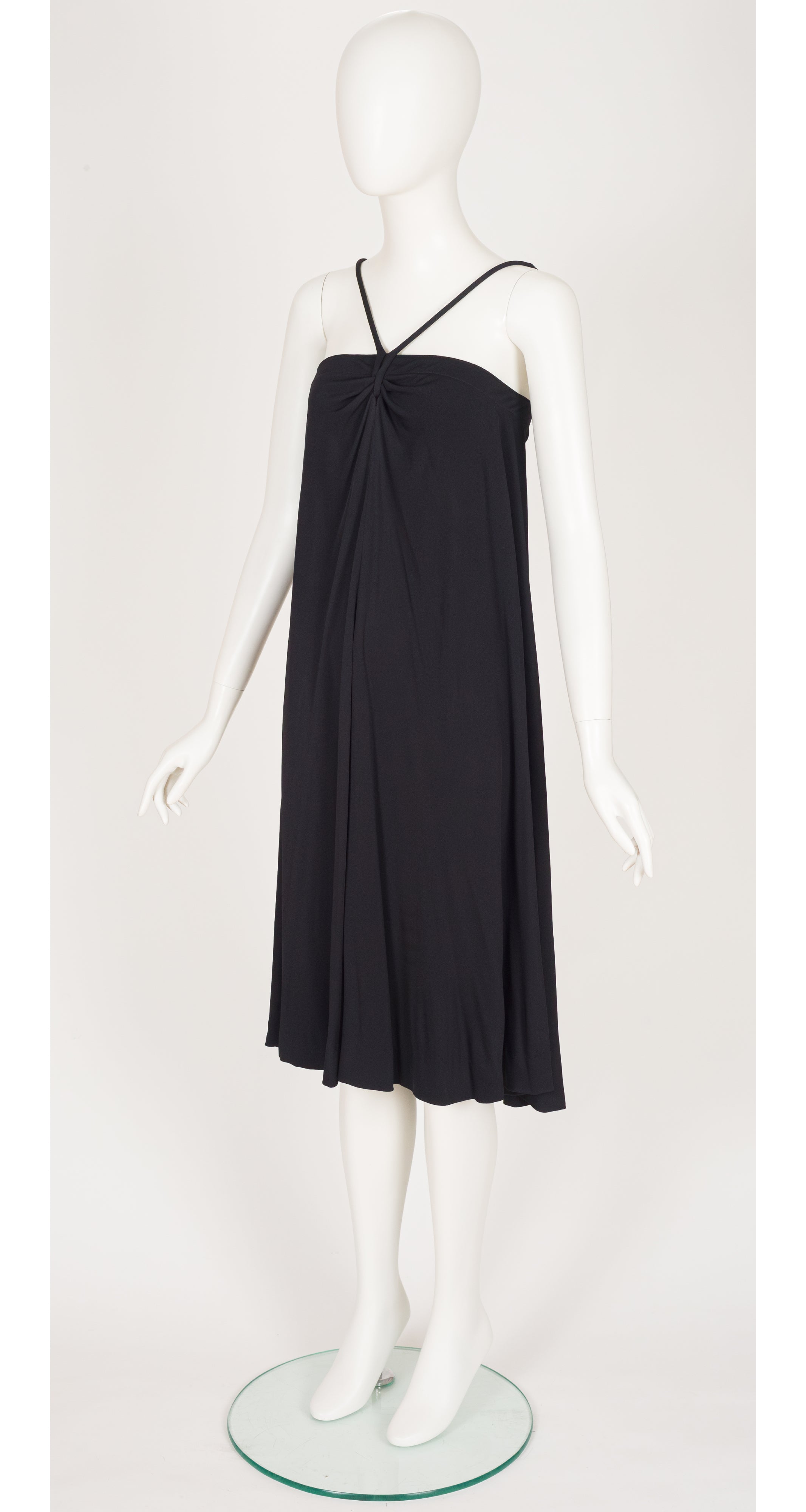 1970s Black Jersey Spaghetti Strap Trapeze Dress