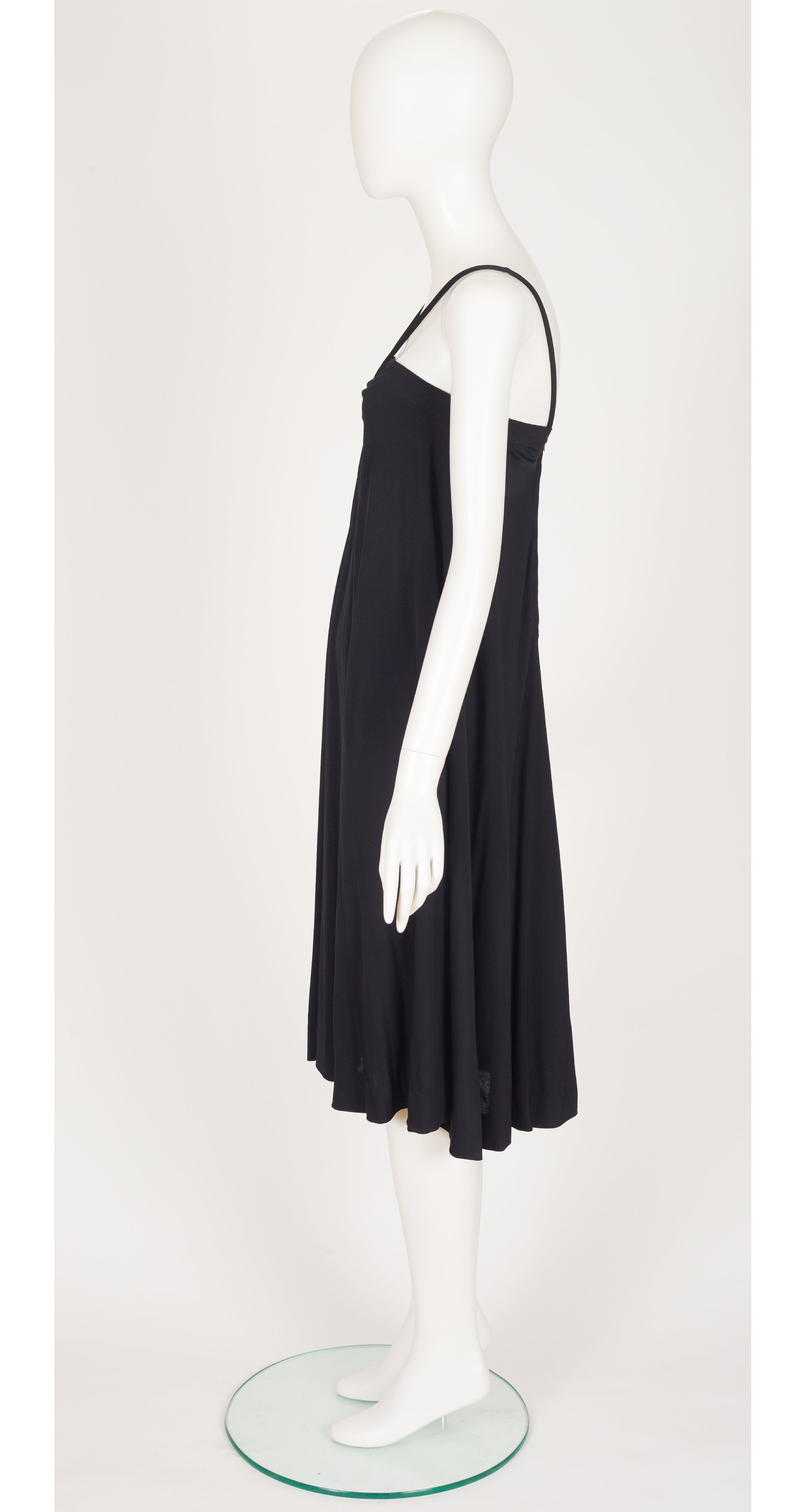 1970s Black Jersey Spaghetti Strap Trapeze Dress