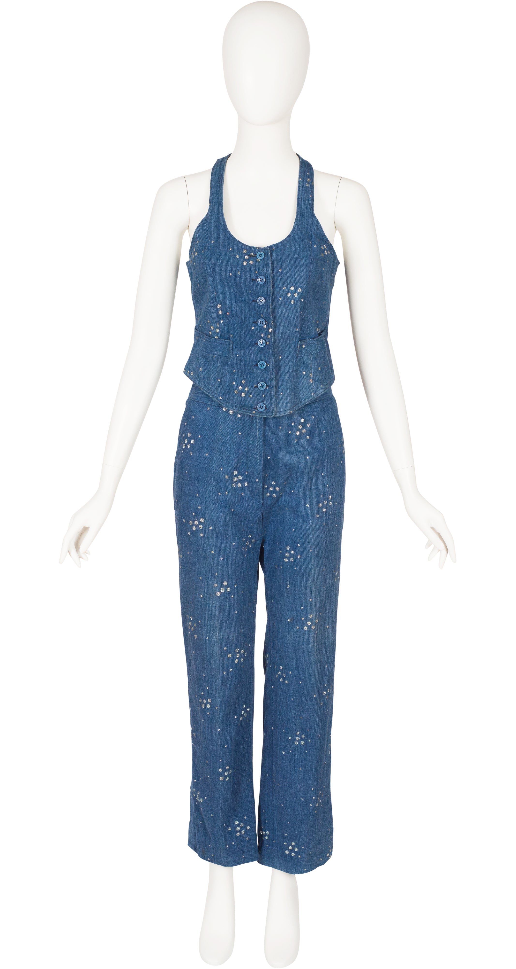 1970s French Blue Cotton Denim Glitter Outfit