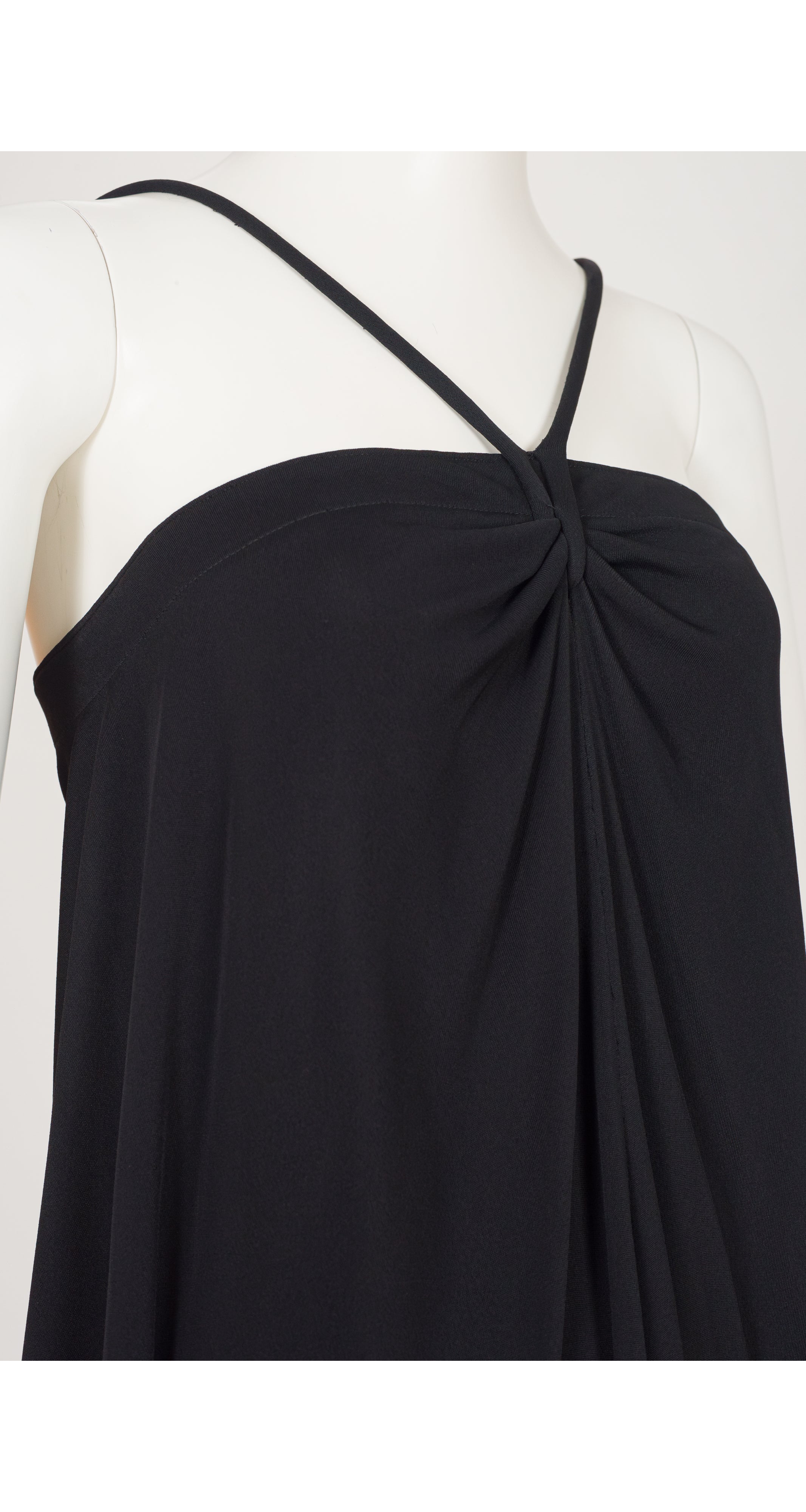 1970s Black Jersey Spaghetti Strap Trapeze Dress