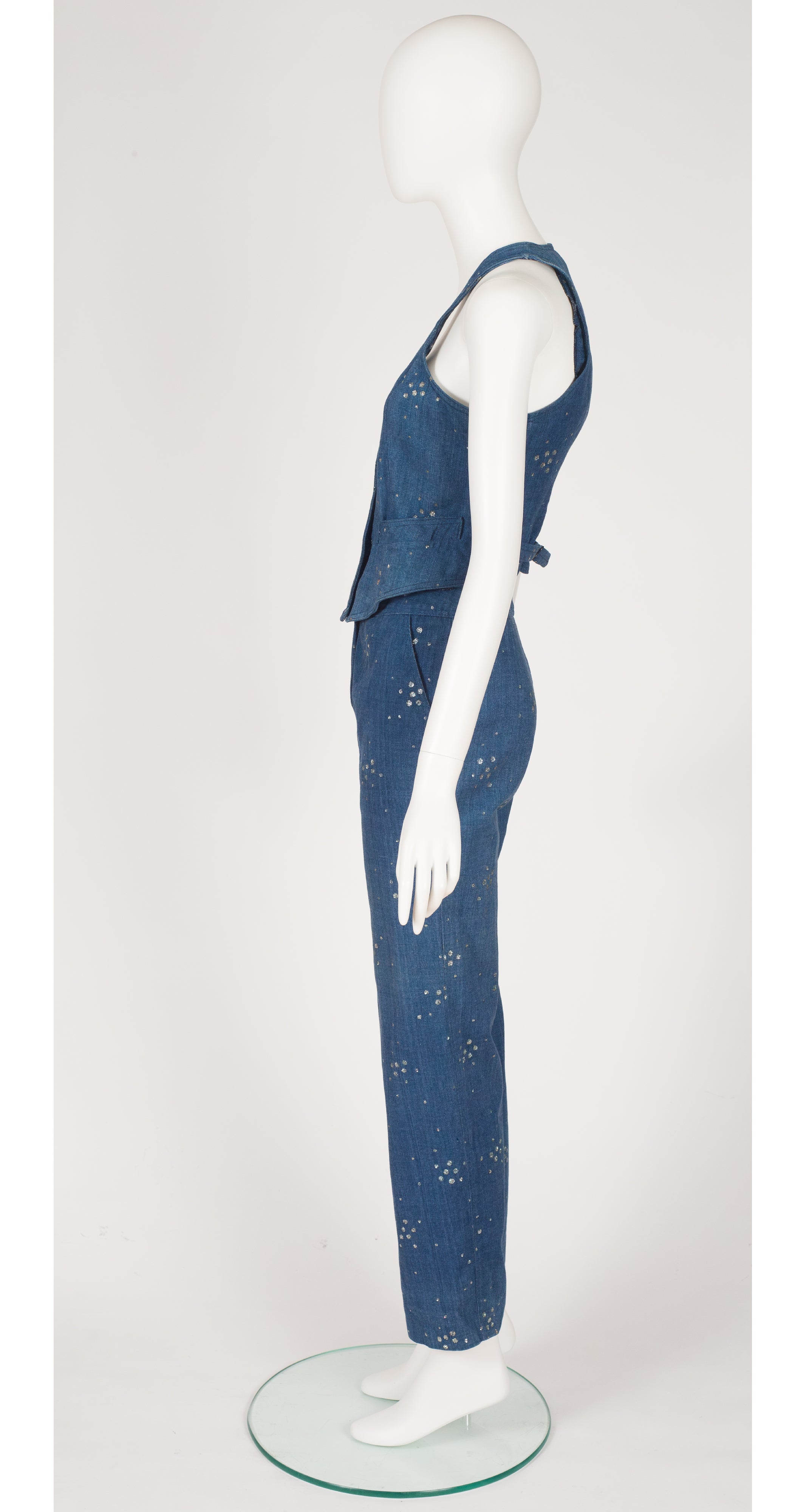 1970s French Blue Cotton Denim Glitter Outfit