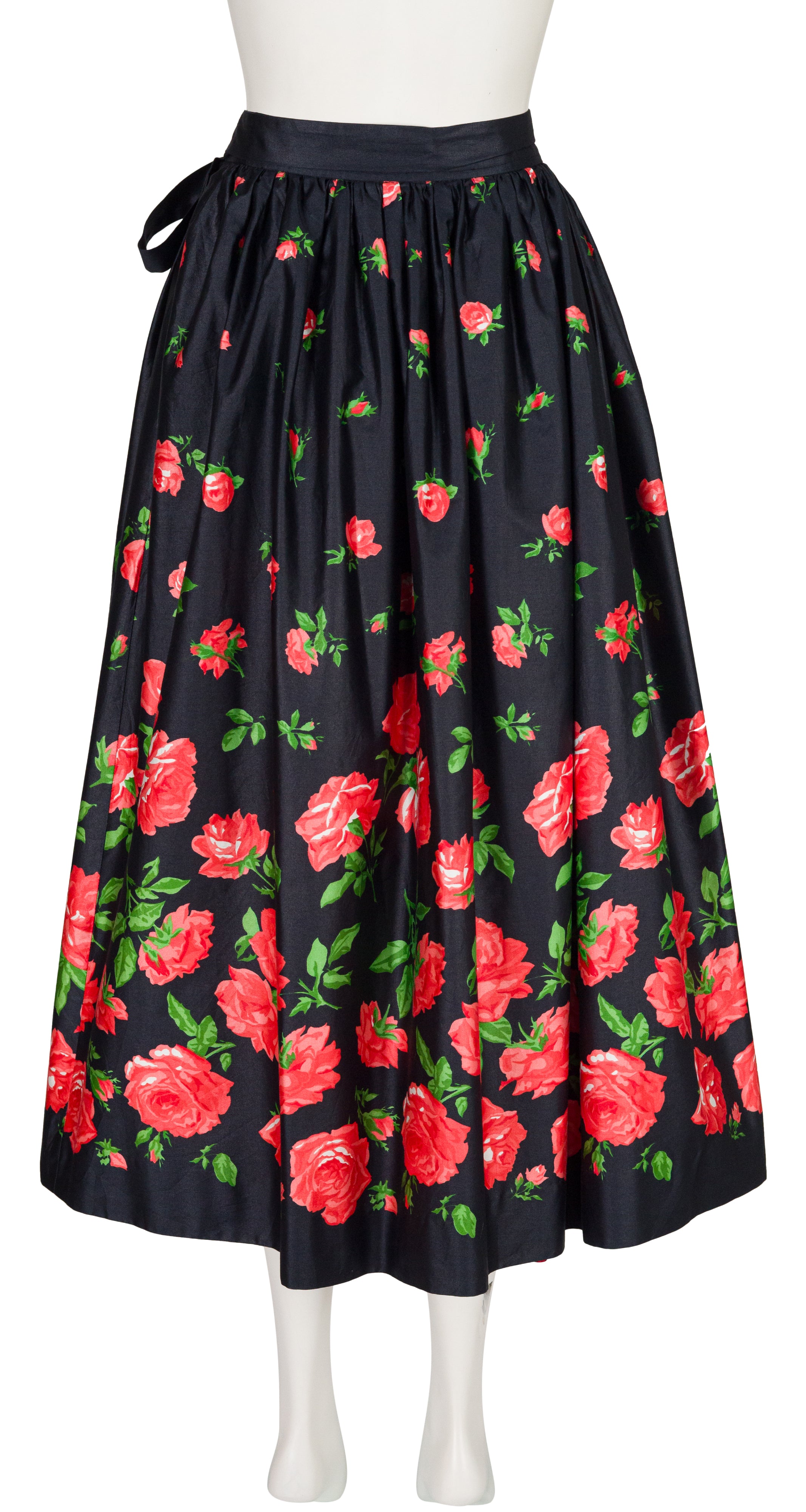 1977 S/S Rose Print Black Polished Cotton Full Skirt