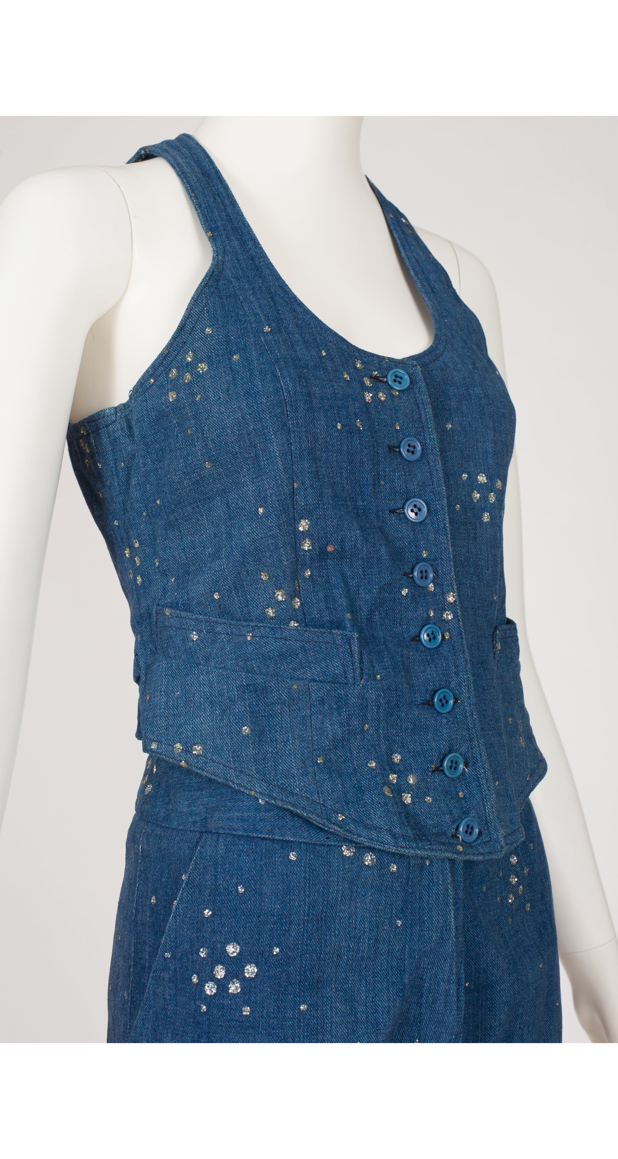 1970s French Blue Cotton Denim Glitter Outfit