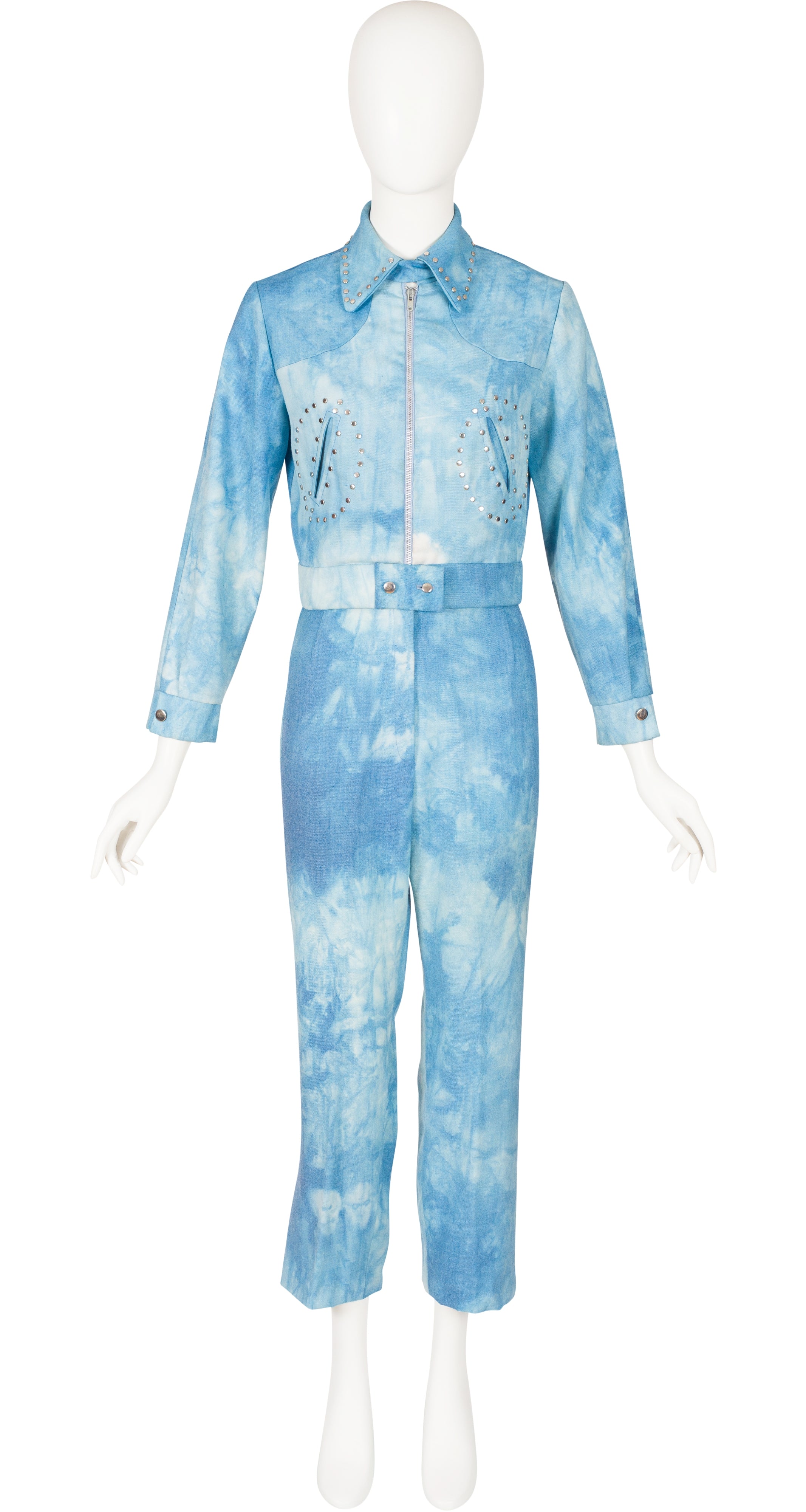 1970s Tie-Dye Denim Studded Jacket & Pants Set