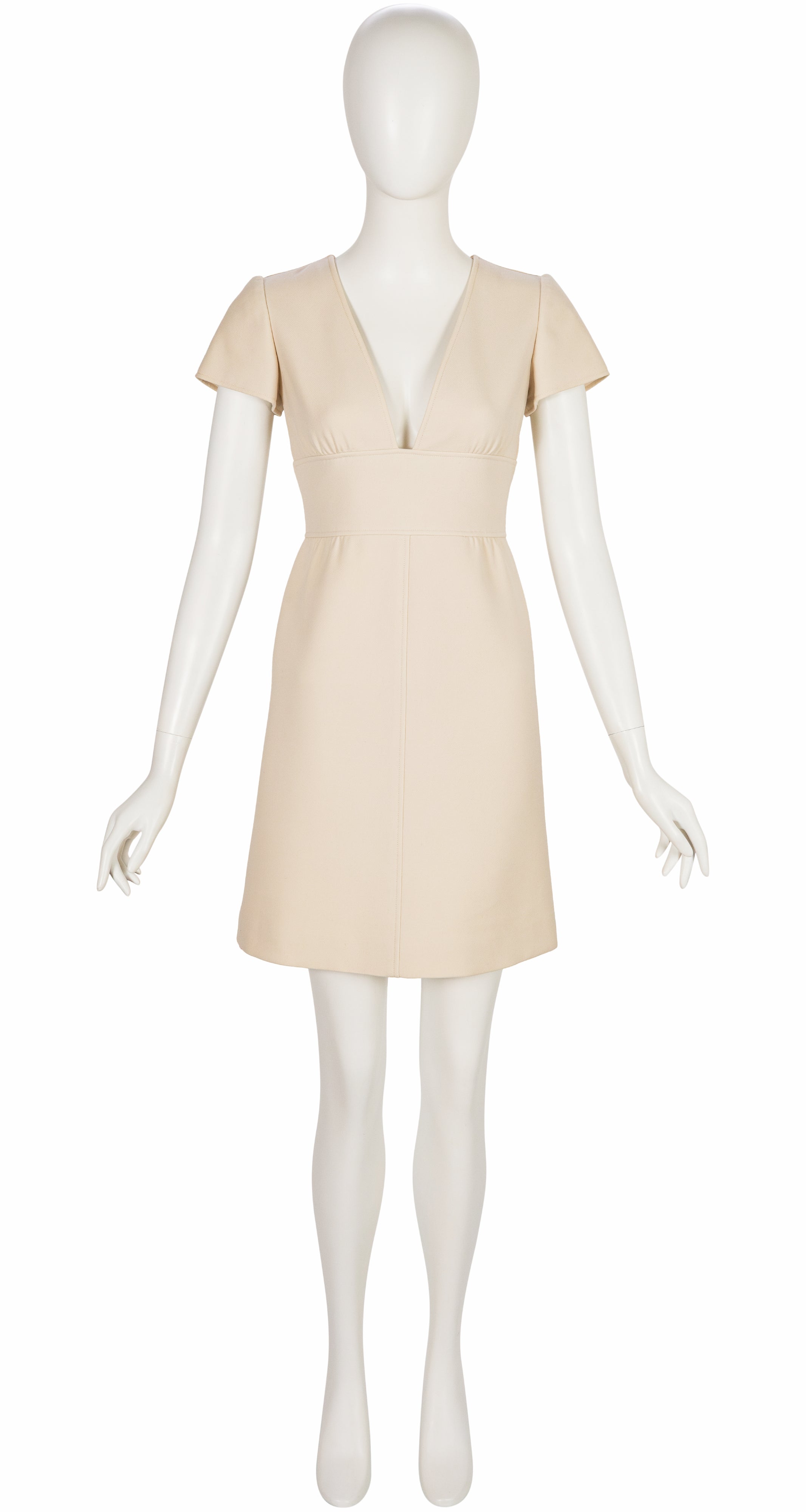 1972 Cream Wool Deep V-Neck Mini Dress
