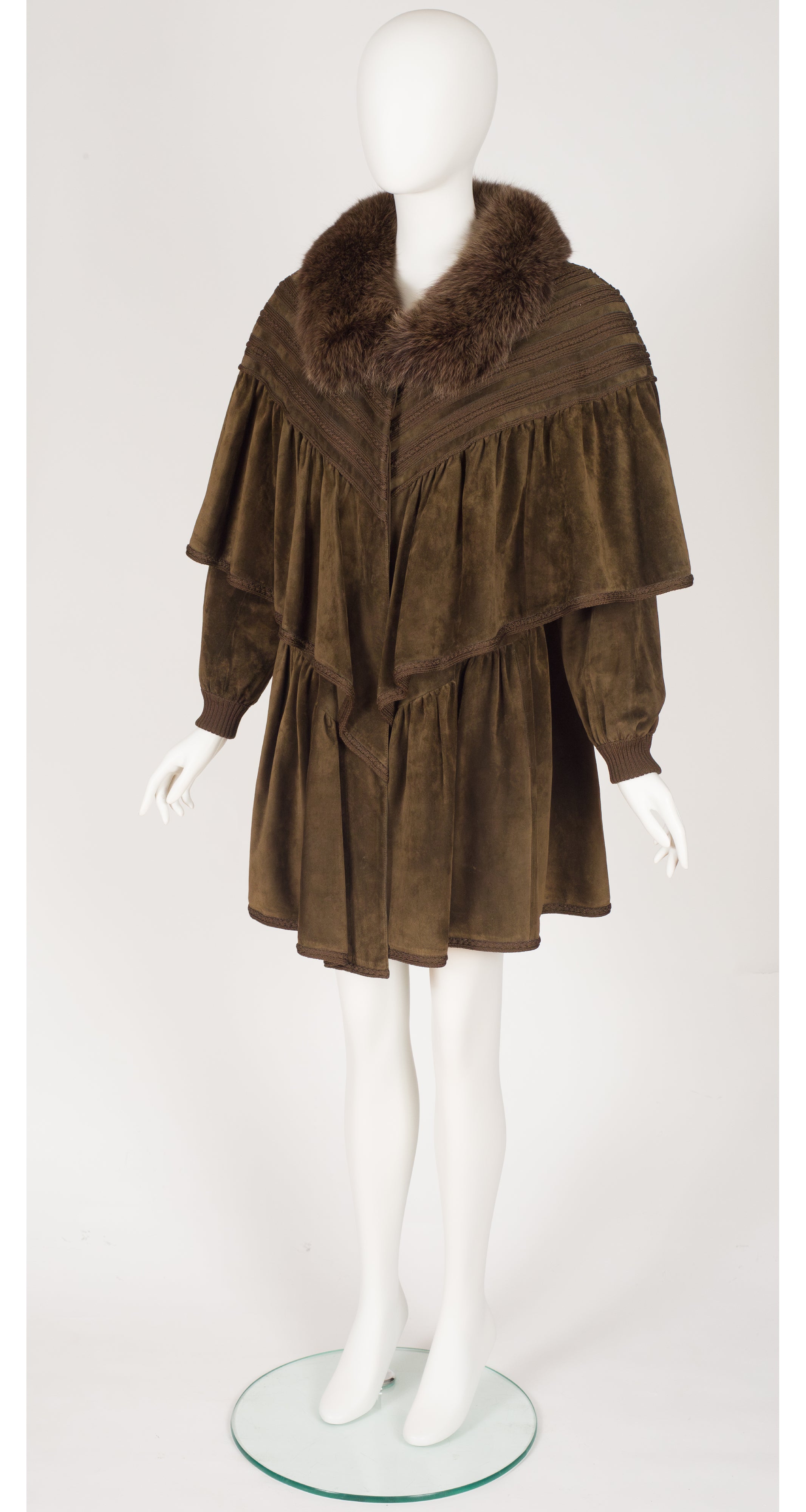 1980s Fox Fur Collar Suede Cape Coat