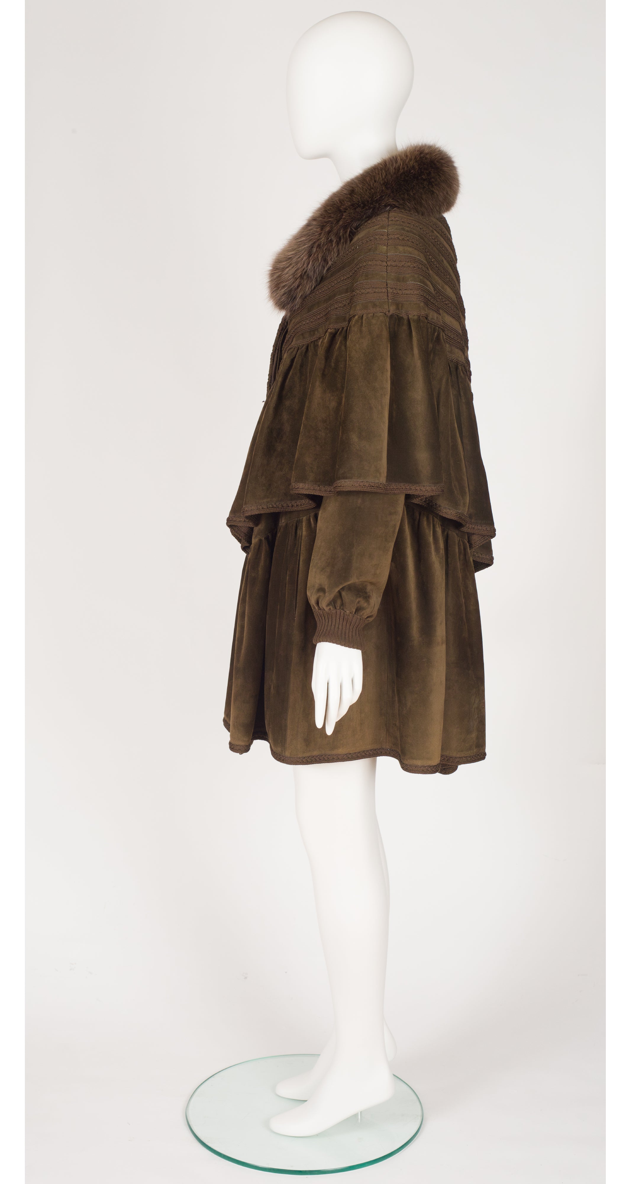 1980s Fox Fur Collar Suede Cape Coat