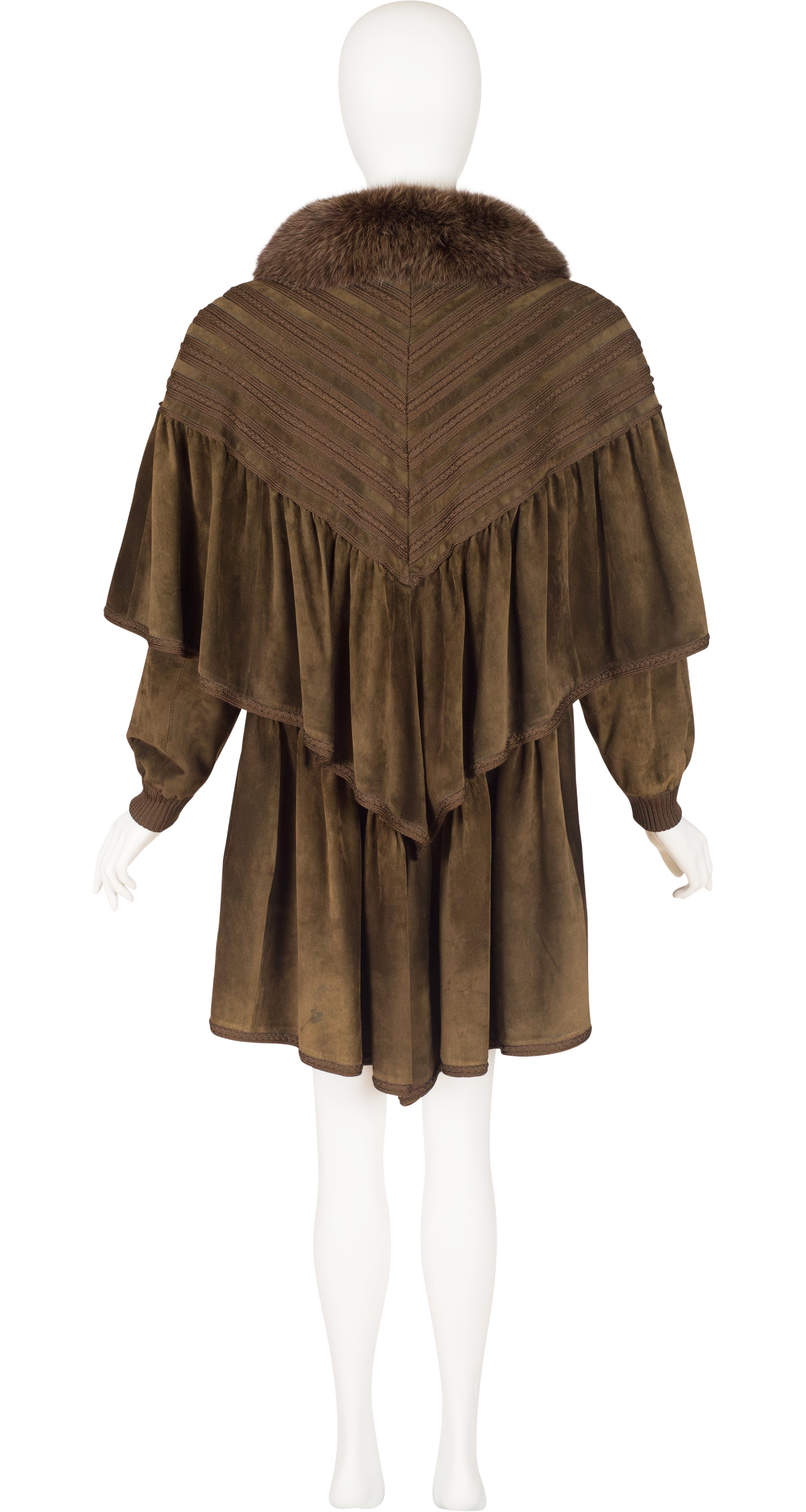 1980s Fox Fur Collar Suede Cape Coat