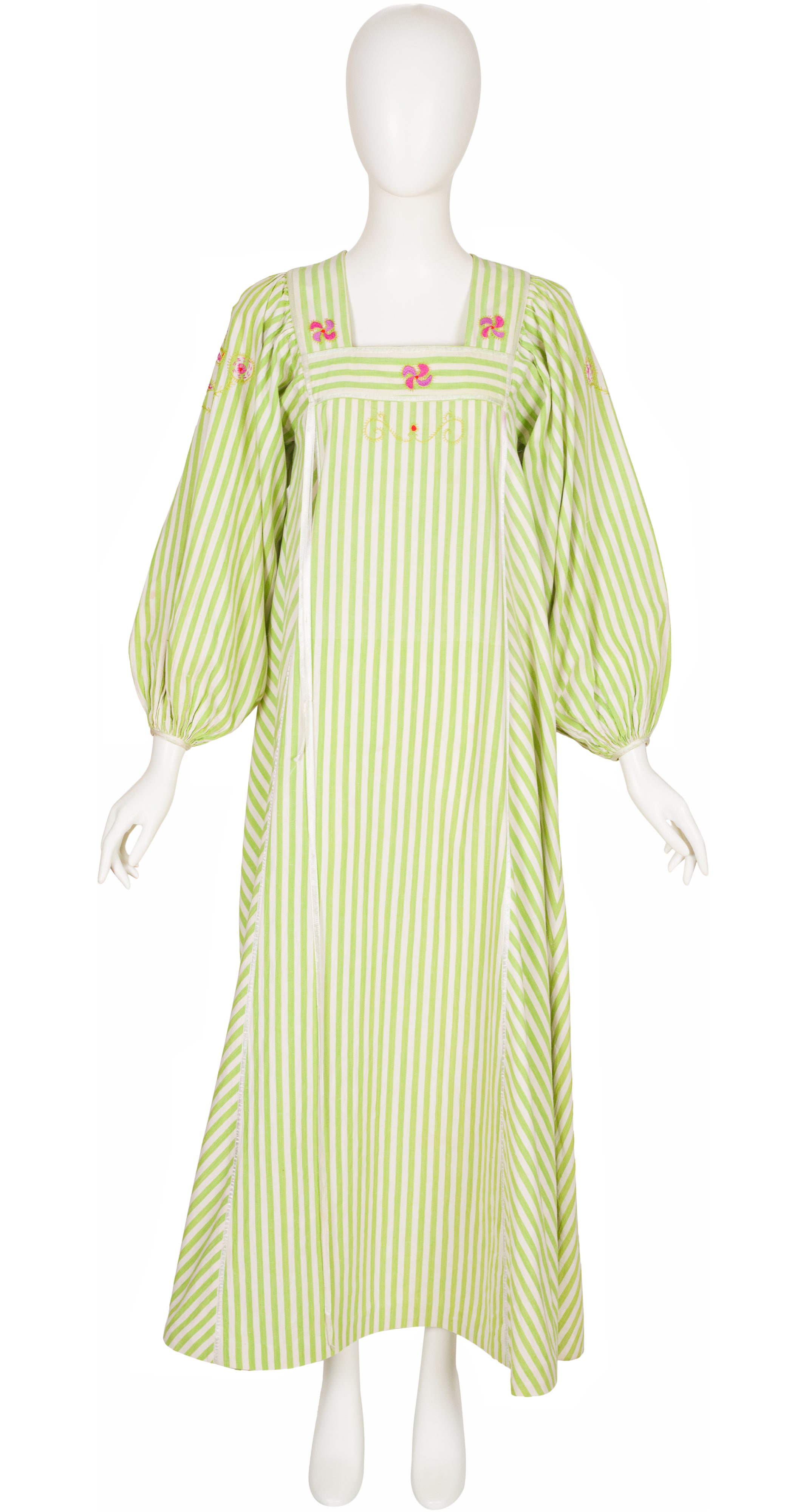 1970s Embroidered Striped Cotton Balloon Sleeve Maxi Dress