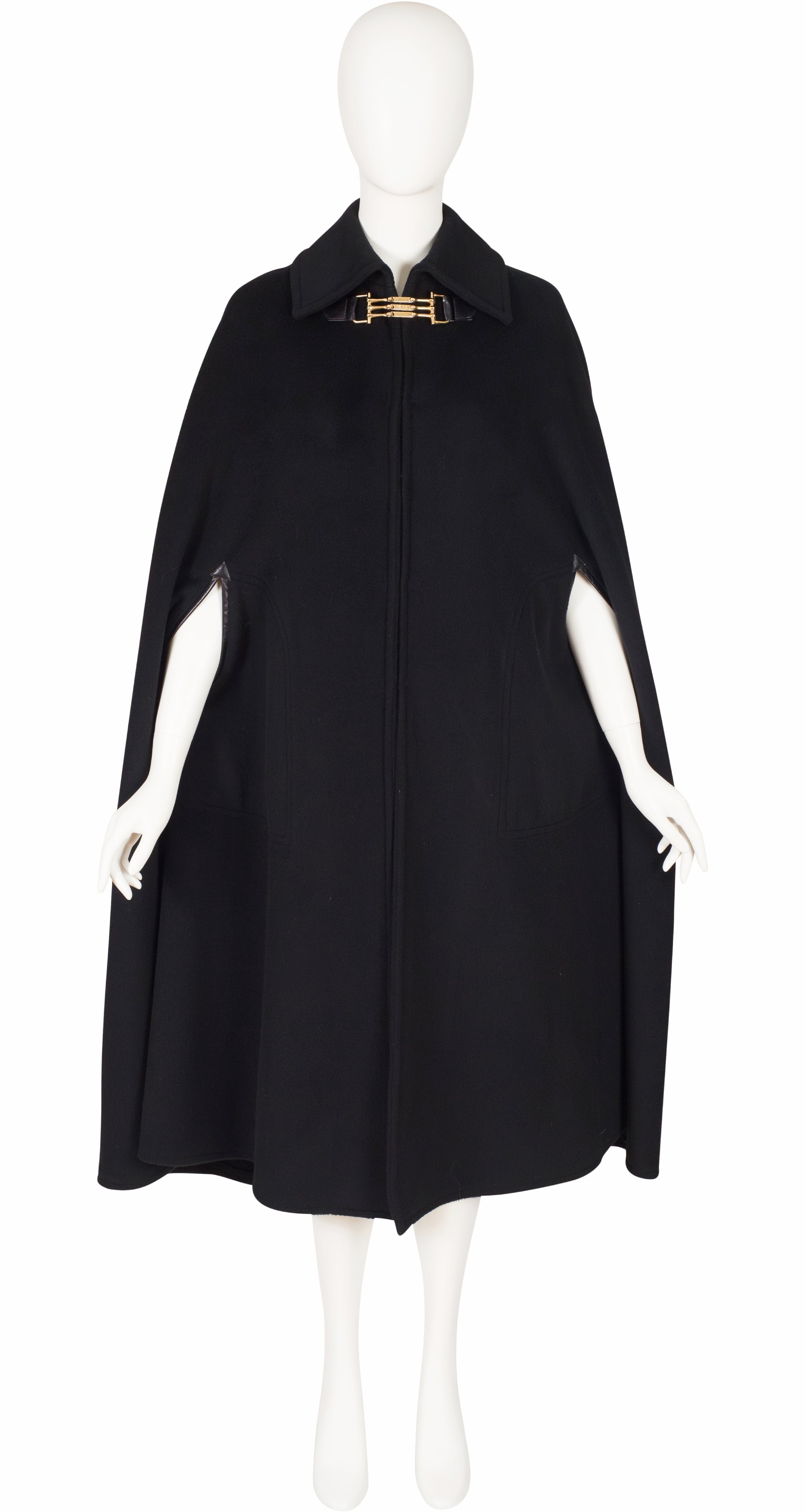 1970s Black Wool Leather Trim Collared Cape