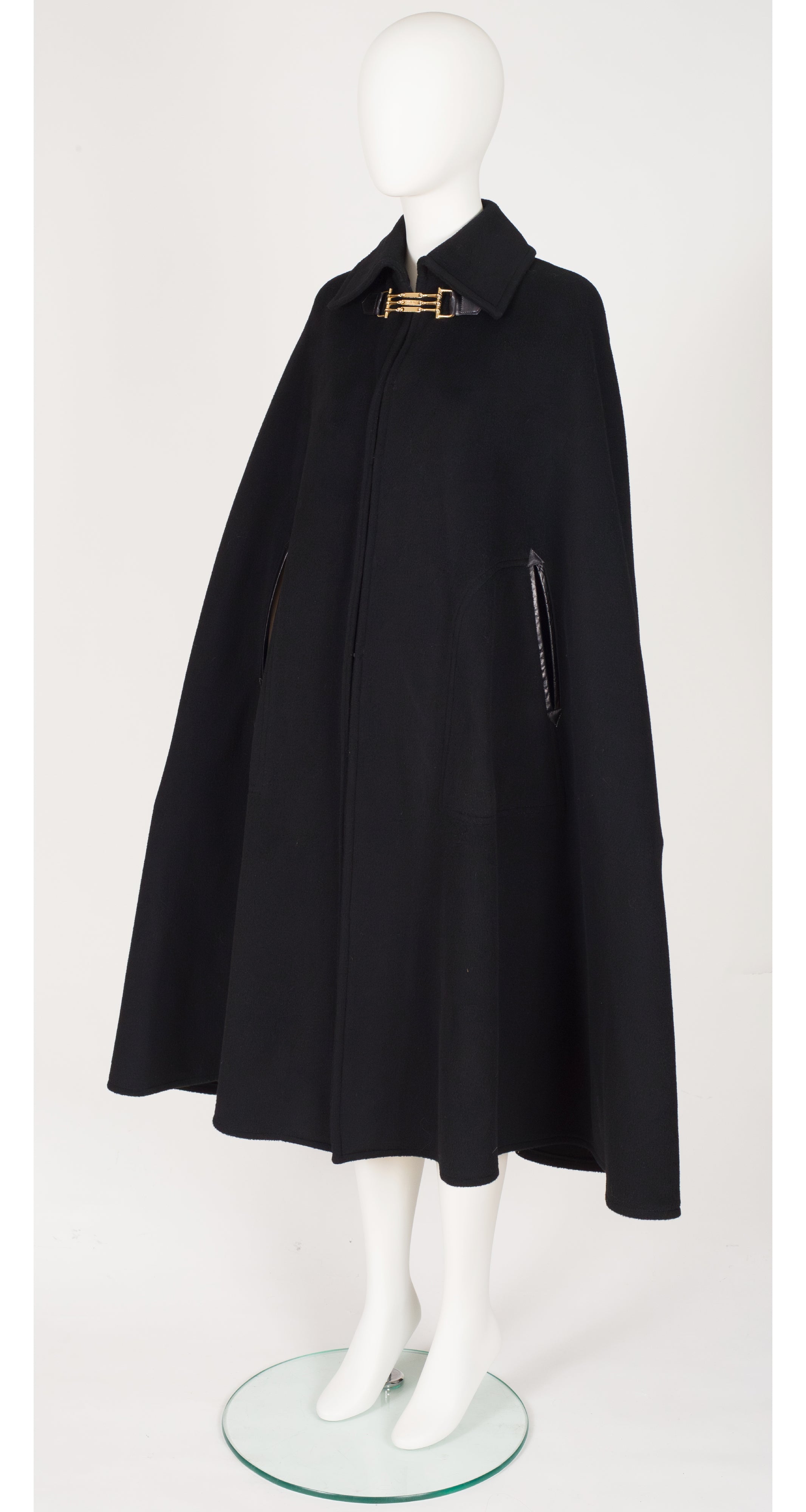 1970s Black Wool Leather Trim Collared Cape