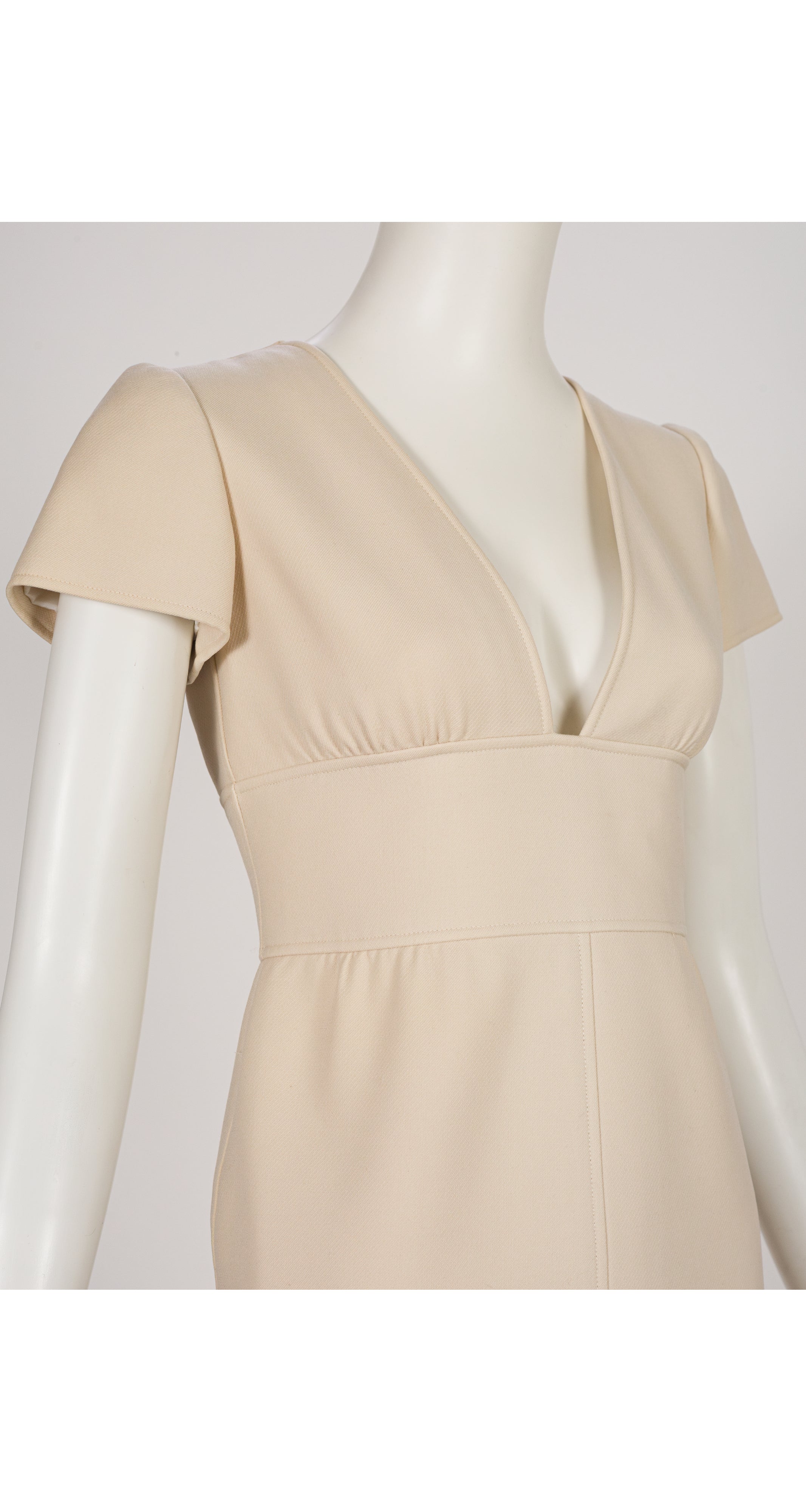 1972 Cream Wool Deep V-Neck Mini Dress