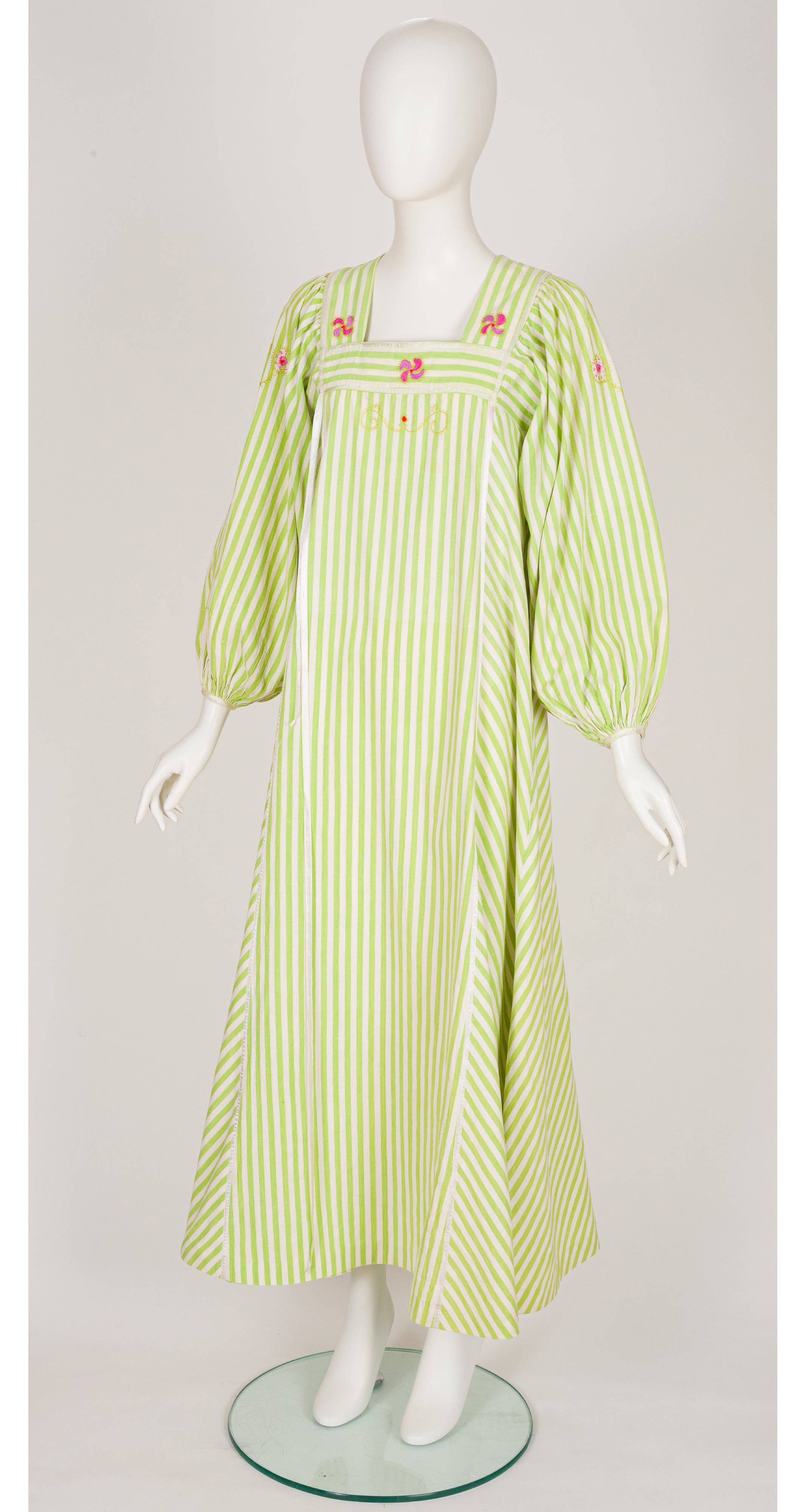1970s Embroidered Striped Cotton Balloon Sleeve Maxi Dress
