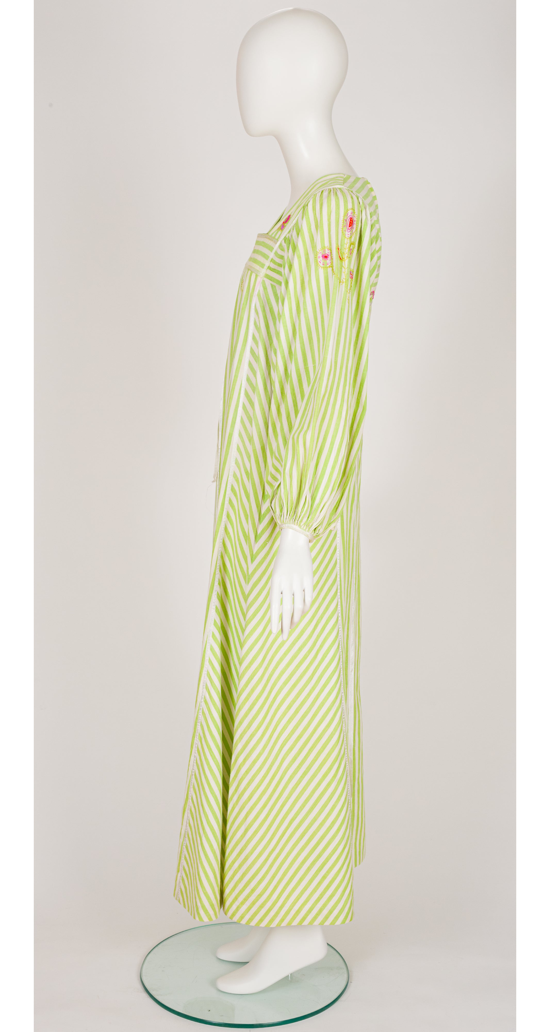 1970s Embroidered Striped Cotton Balloon Sleeve Maxi Dress