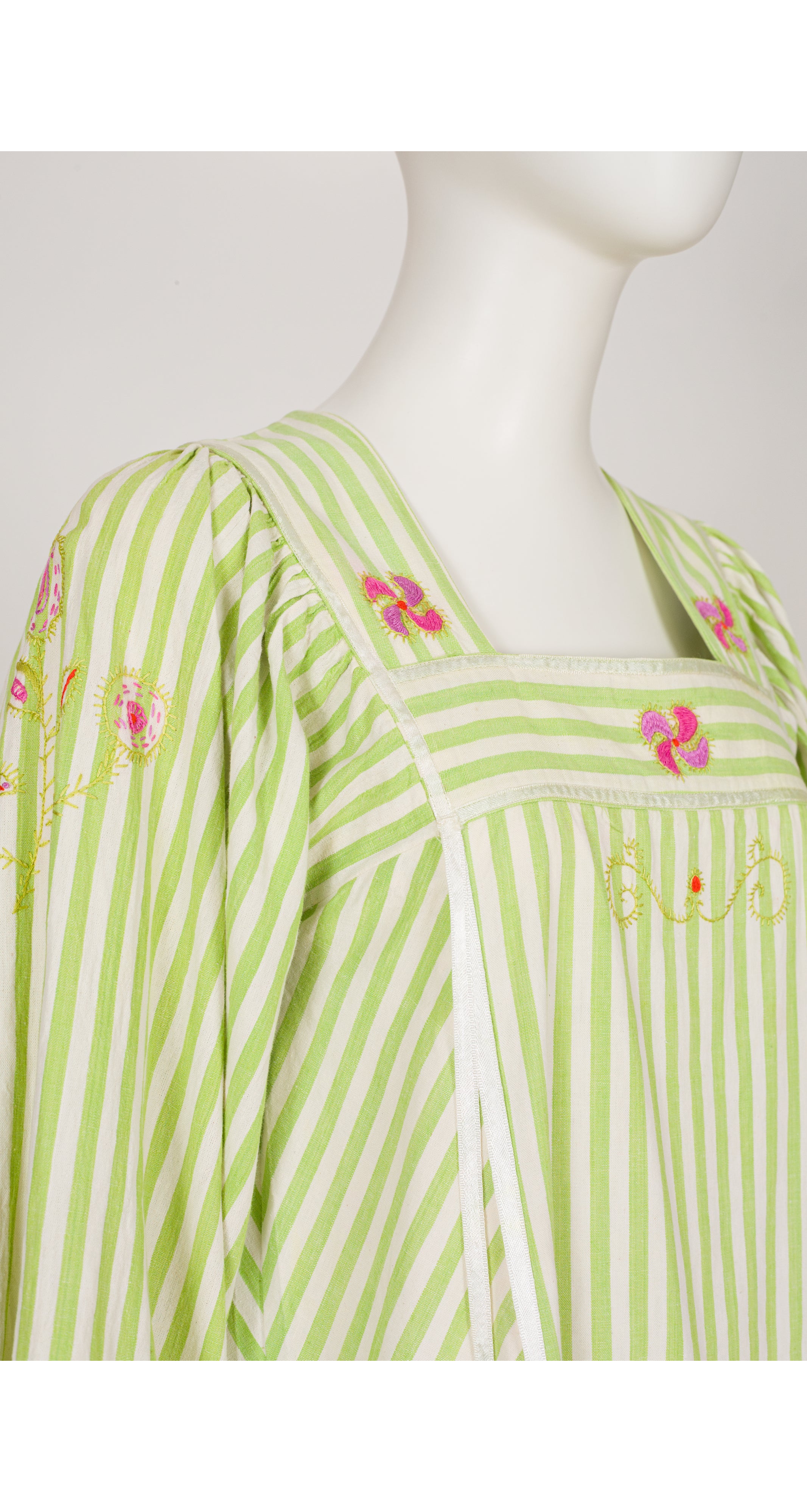 1970s Embroidered Striped Cotton Balloon Sleeve Maxi Dress