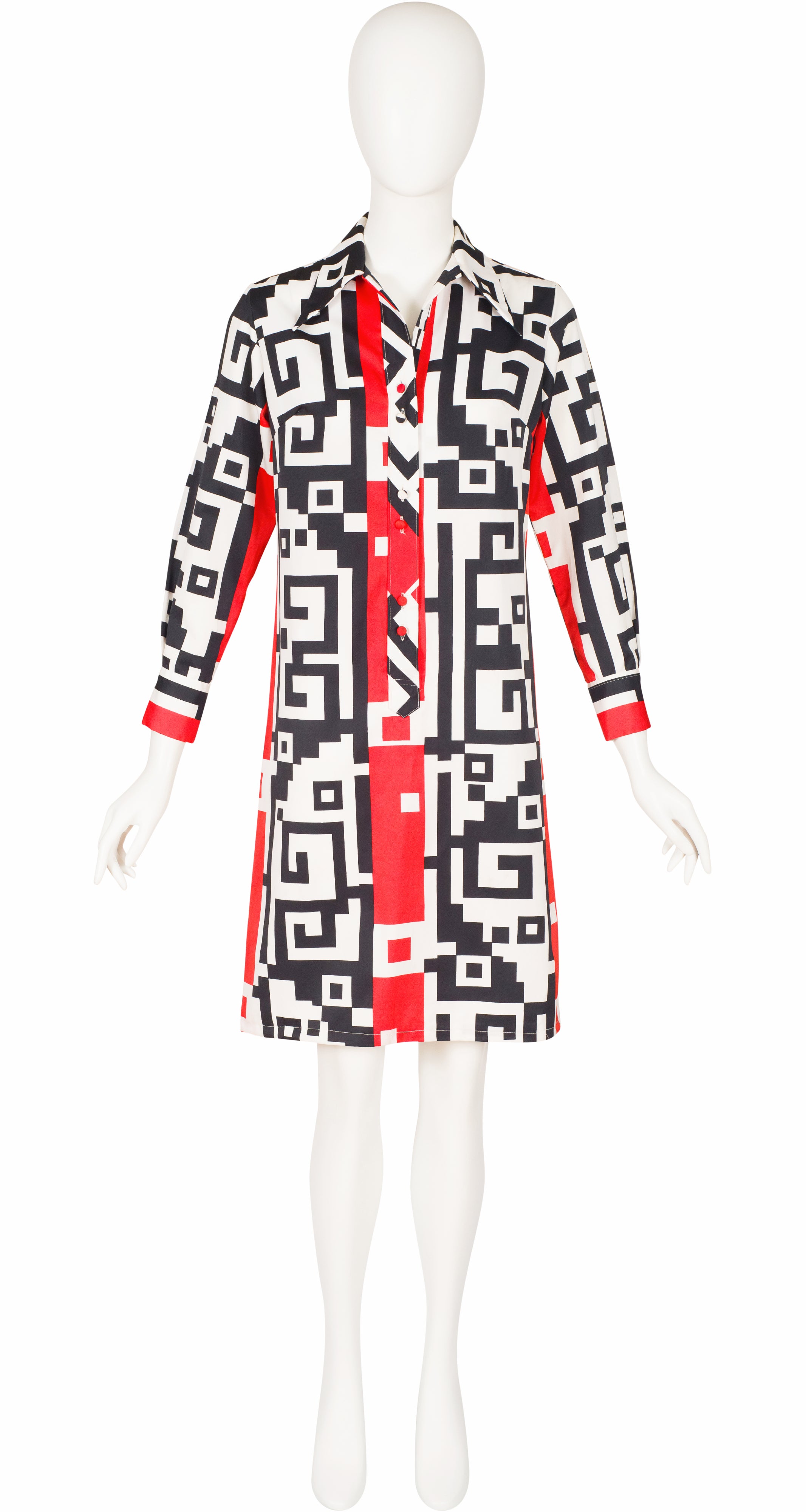 1970s Red & Black Geometric Print Shirt Dress