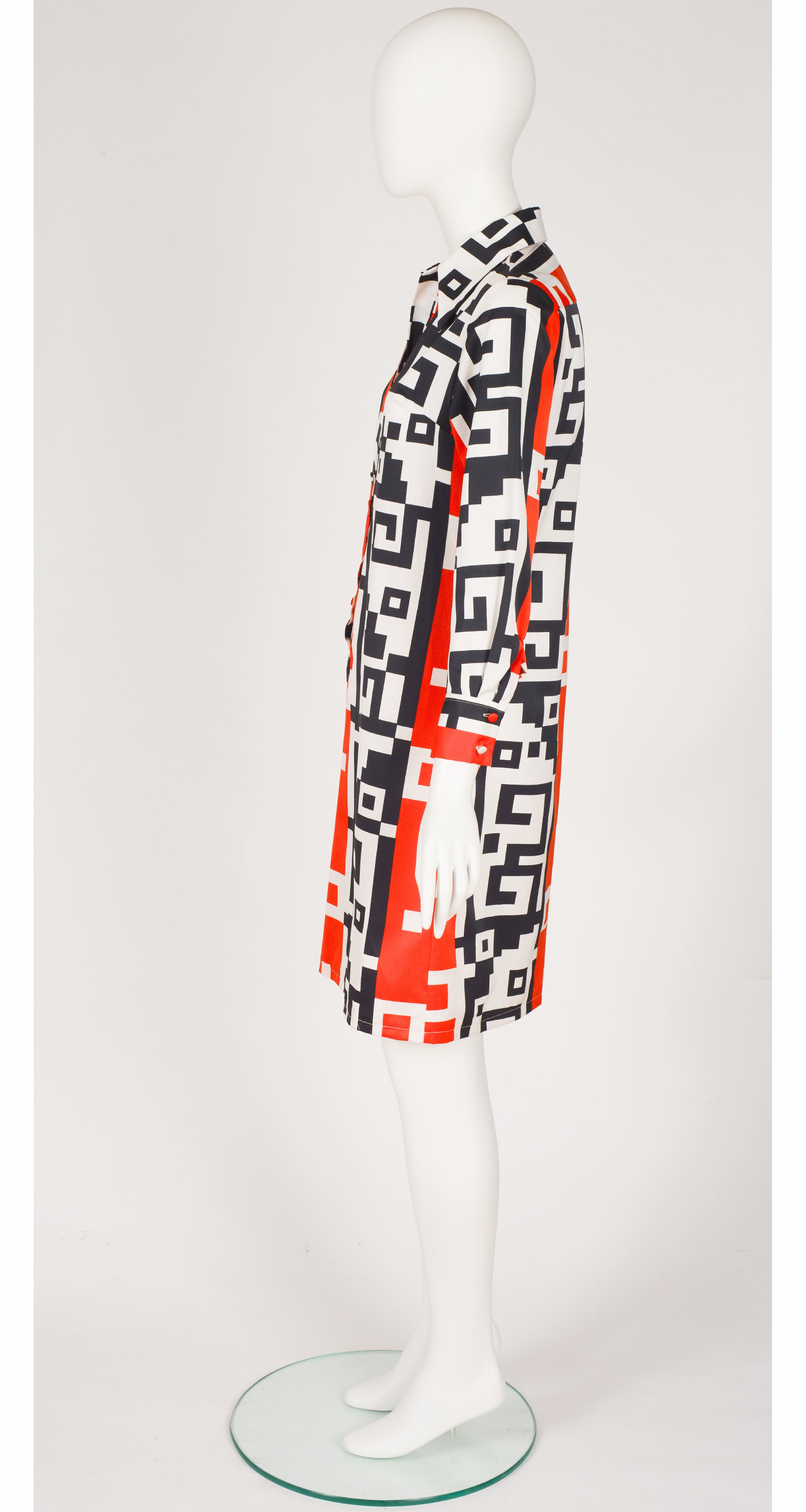 1970s Red & Black Geometric Print Shirt Dress