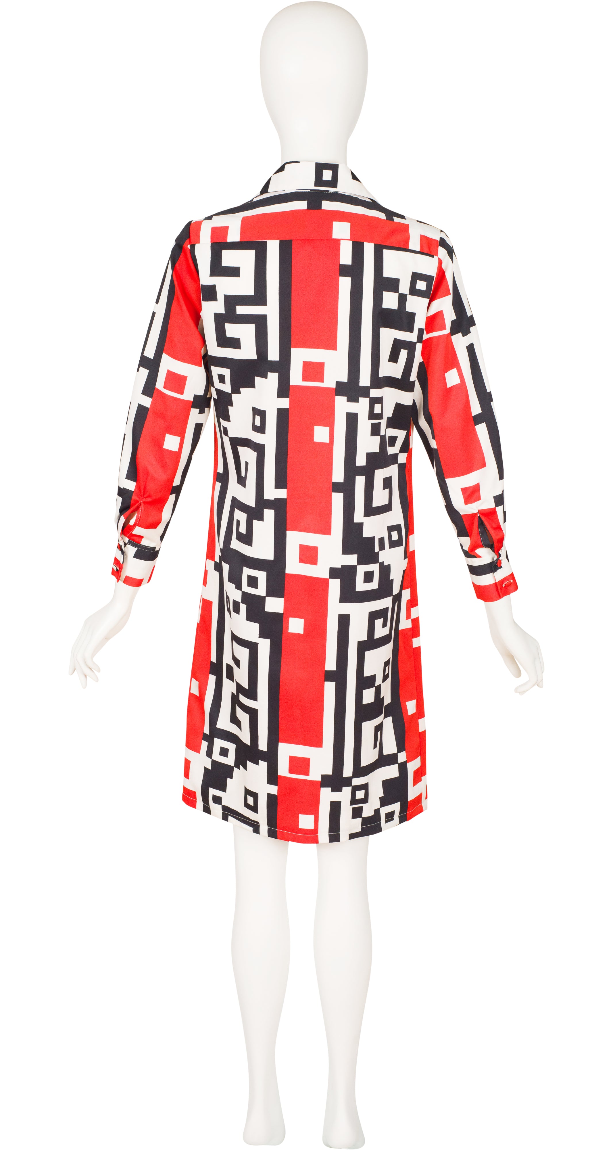 1970s Red & Black Geometric Print Shirt Dress
