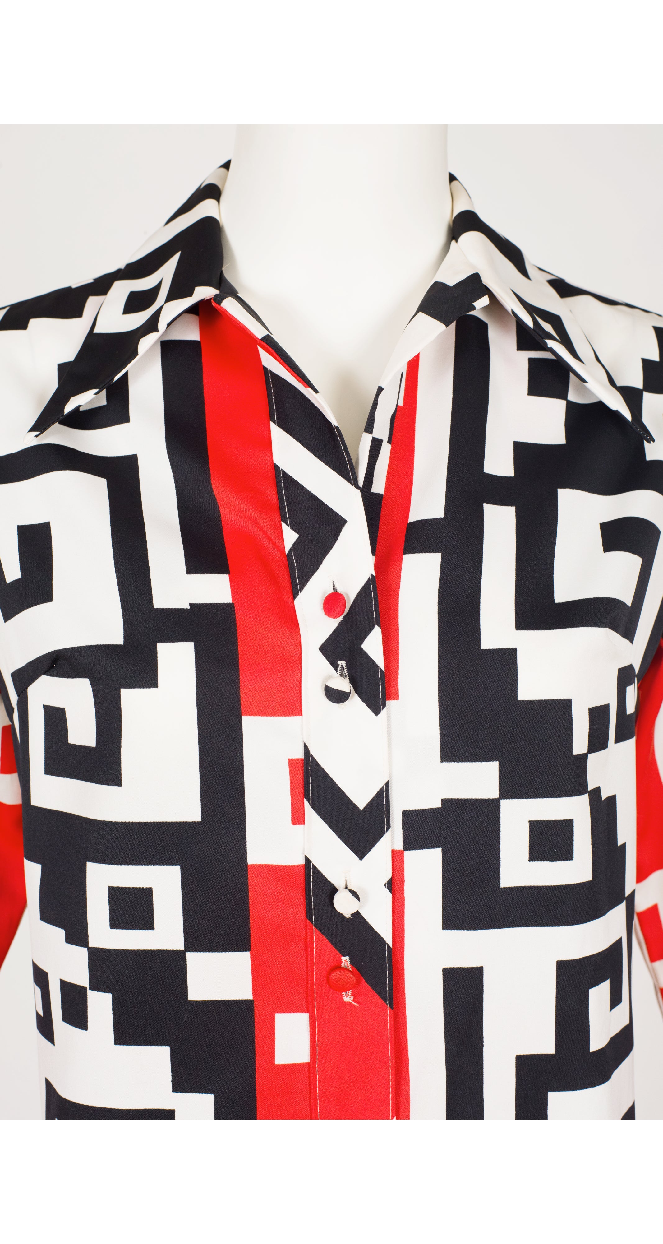 1970s Red & Black Geometric Print Shirt Dress