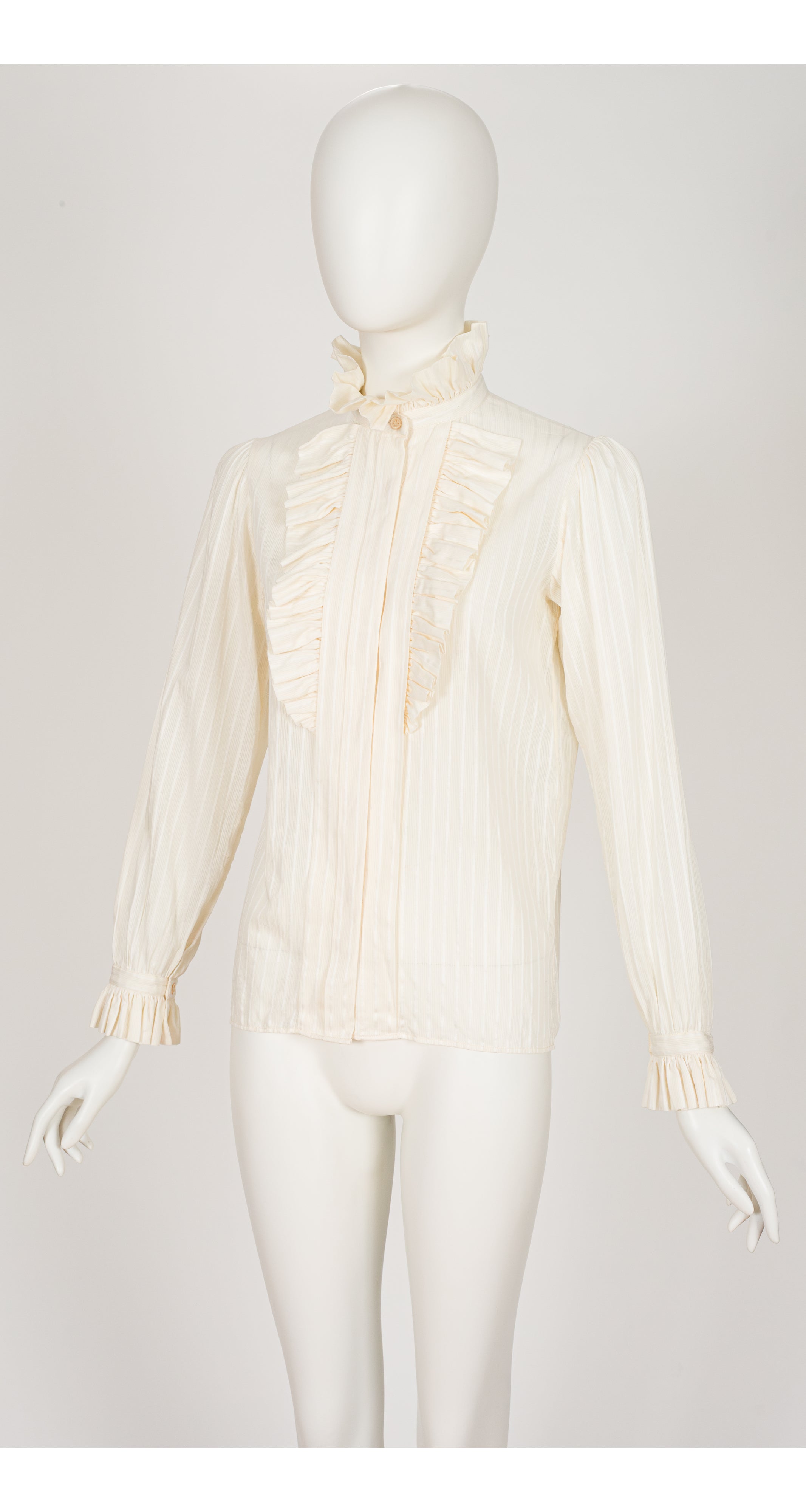 1970s Cream Cotton Ruffle Tie-Neck Blouse