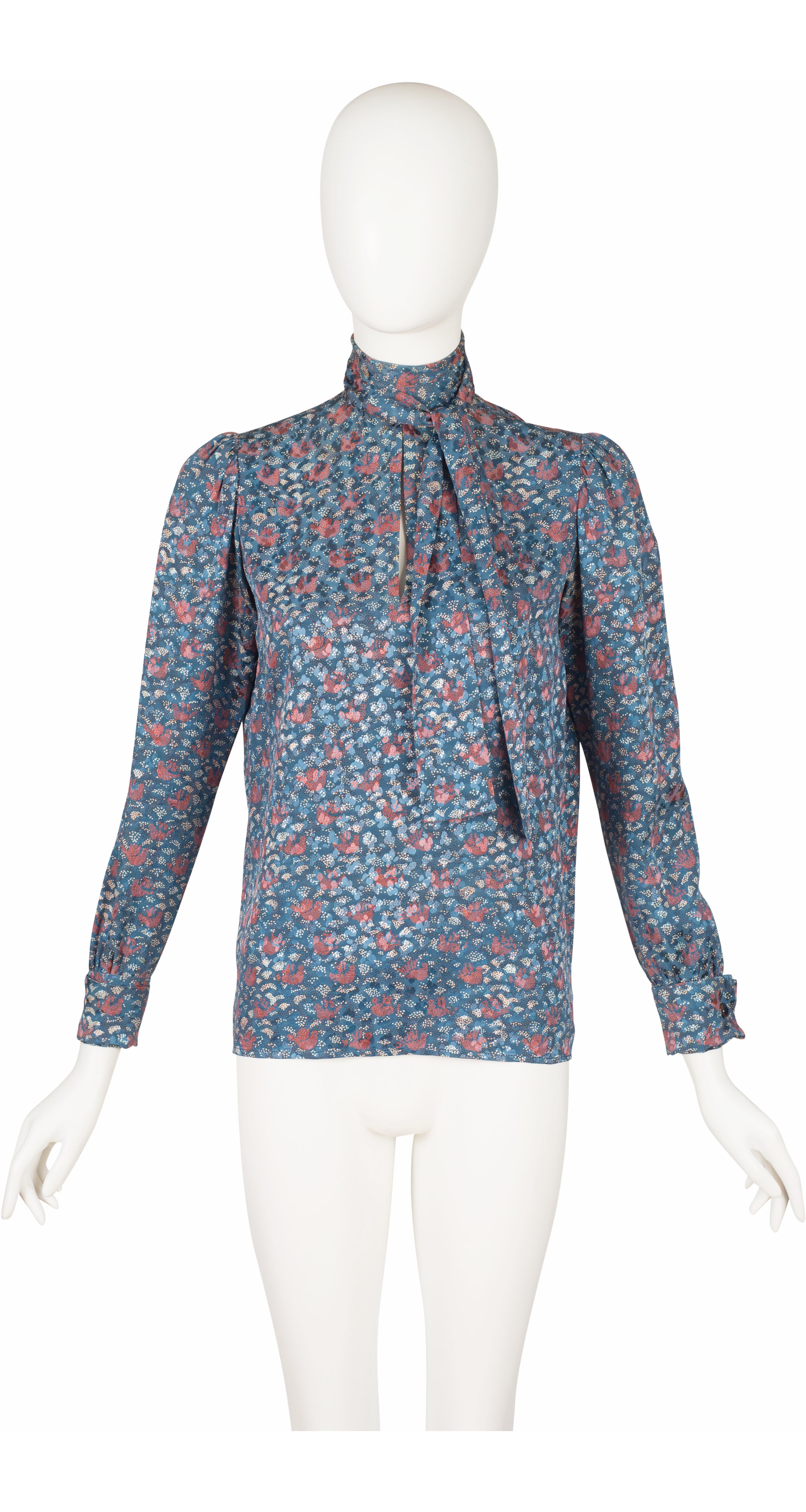 1980s Printed Silk Jacquard Tie-Neck Long Sleeve Blouse