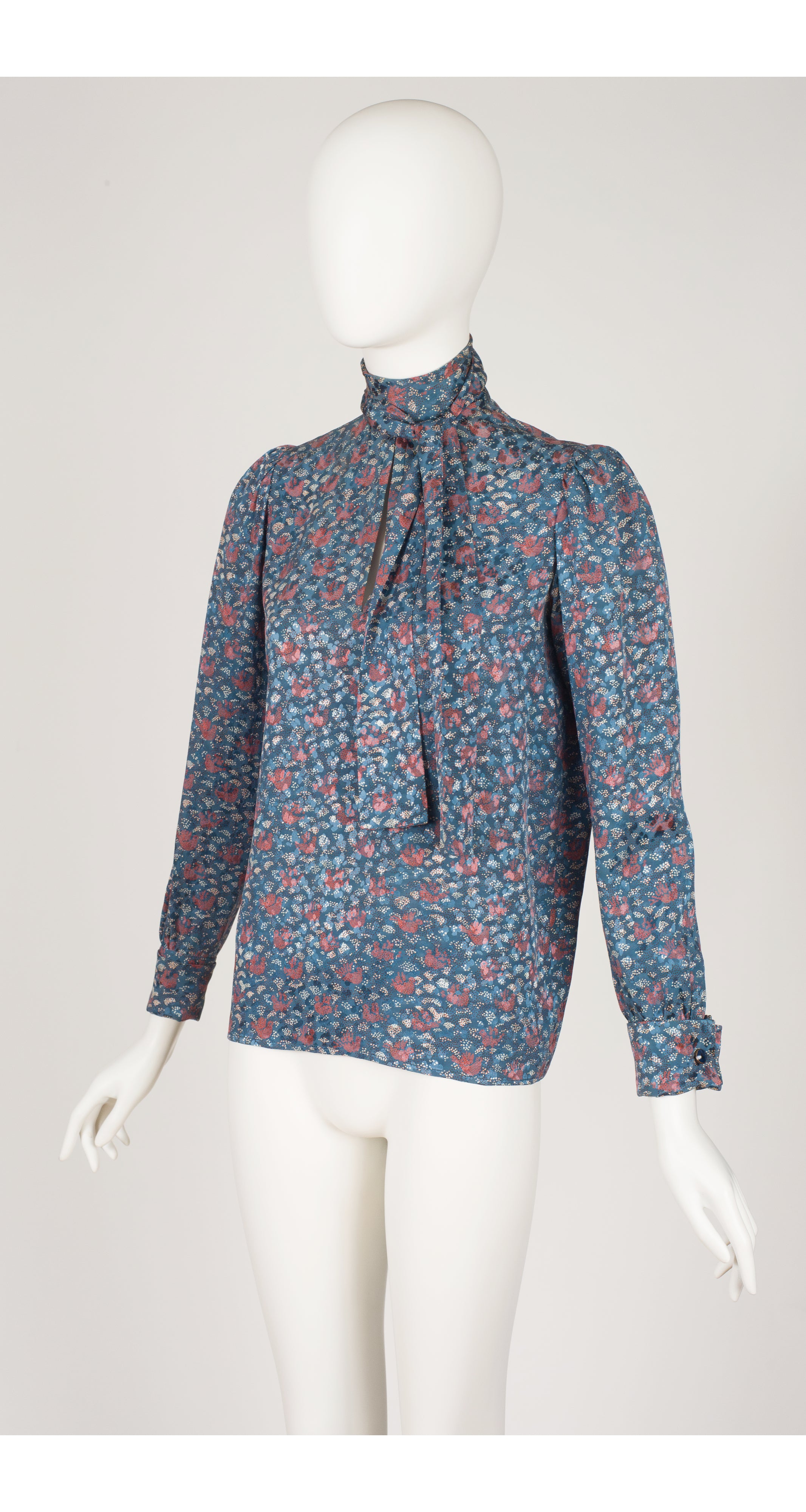 1980s Printed Silk Jacquard Tie-Neck Long Sleeve Blouse