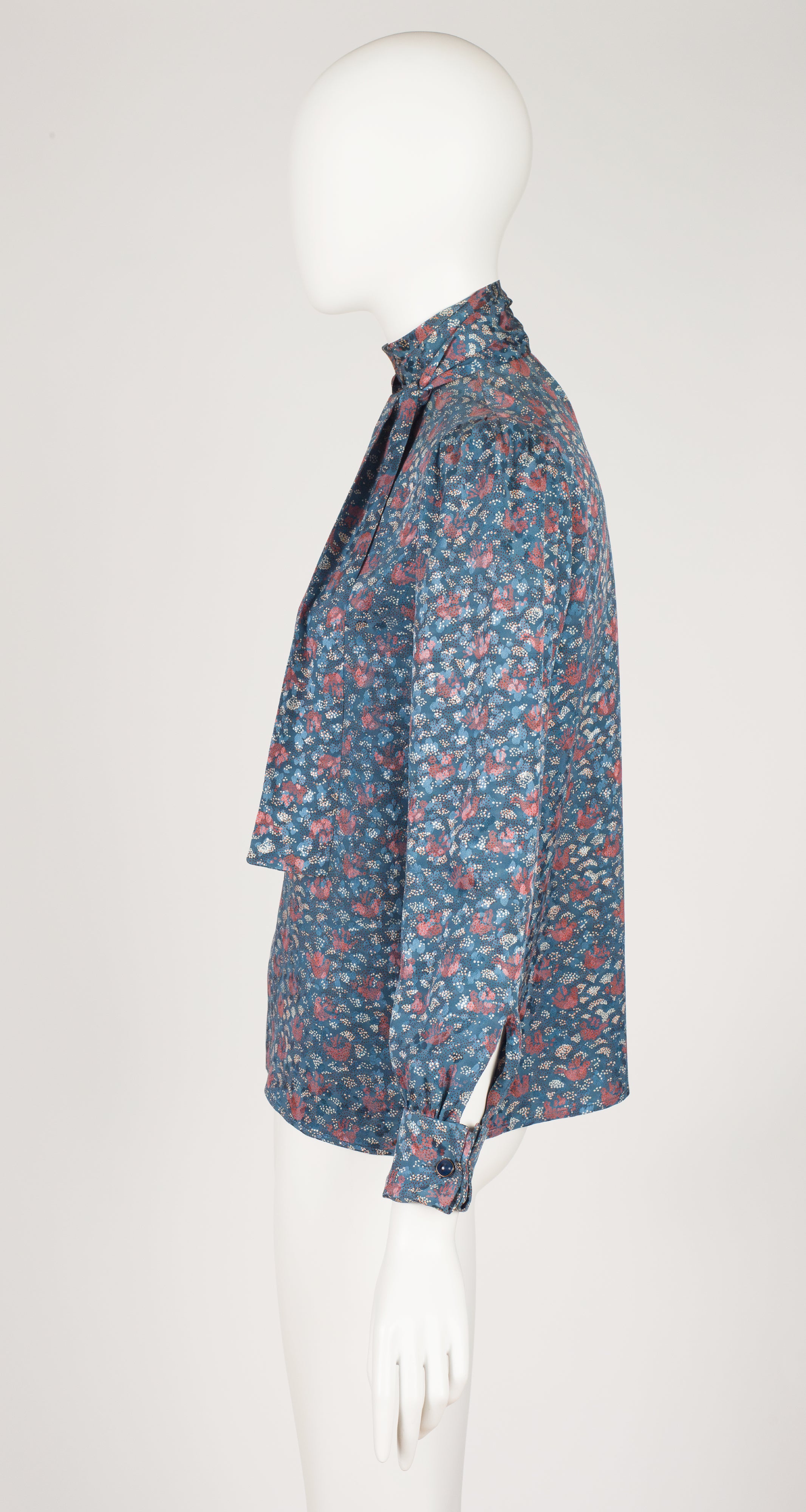 1980s Printed Silk Jacquard Tie-Neck Long Sleeve Blouse