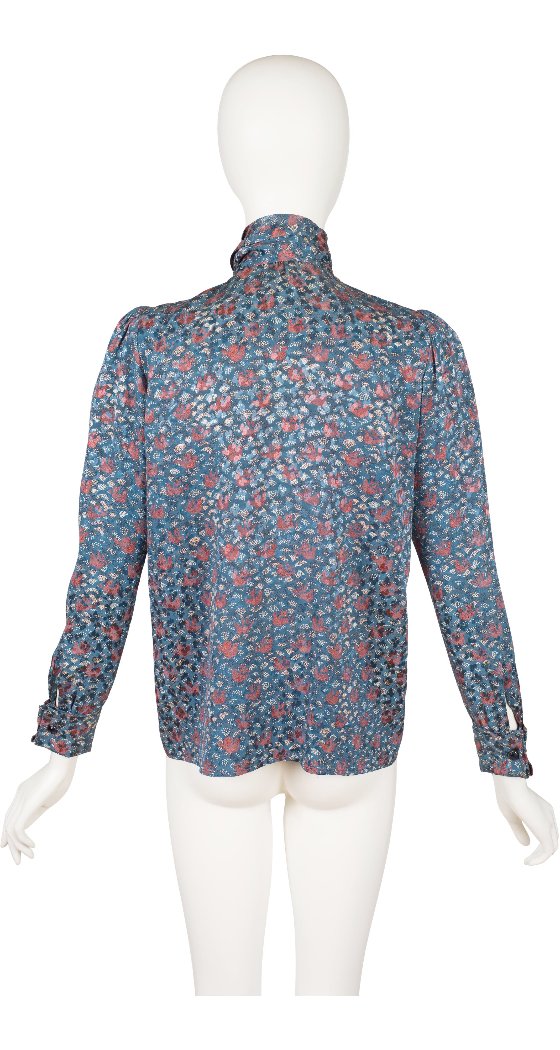 1980s Printed Silk Jacquard Tie-Neck Long Sleeve Blouse