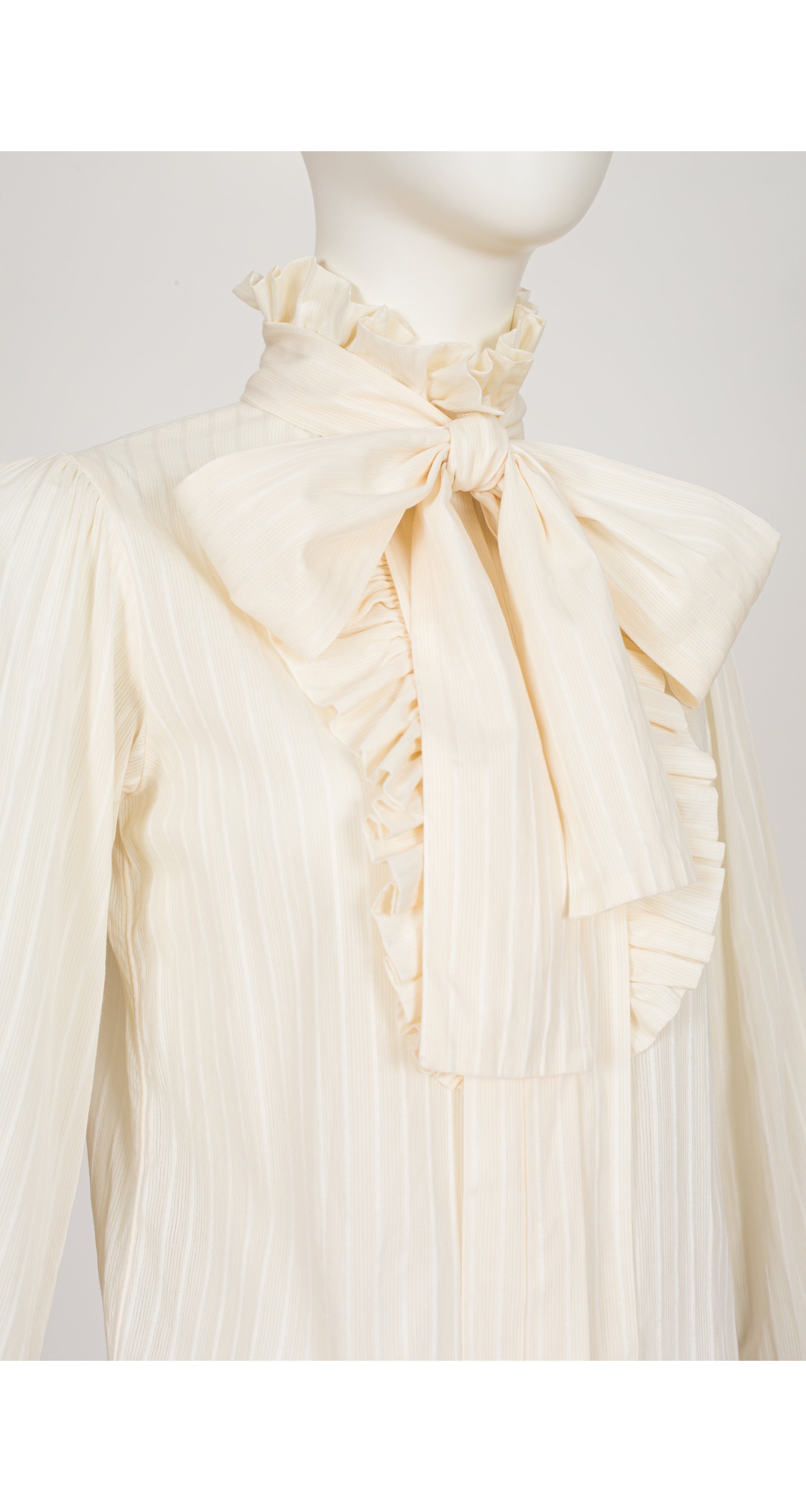 1970s Cream Cotton Ruffle Tie-Neck Blouse