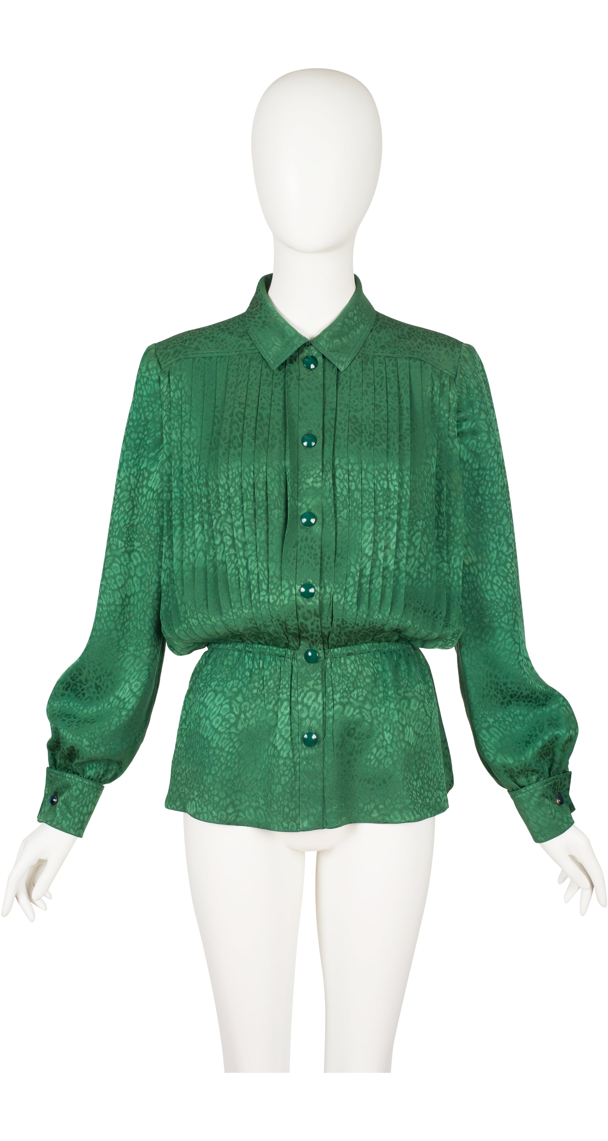 1980s Green Silk Jacquard Pleated Collared Blouse